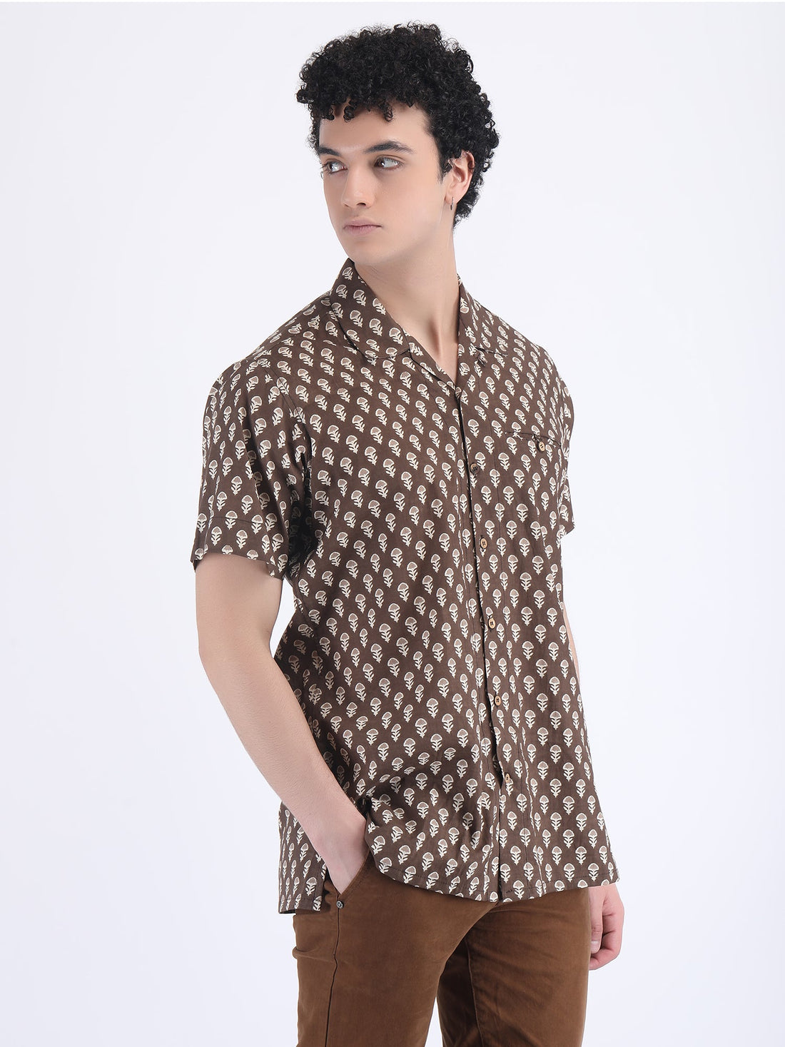 COTTON BLOCK PRINT SUMMER SHIRT IN TIRAMISU