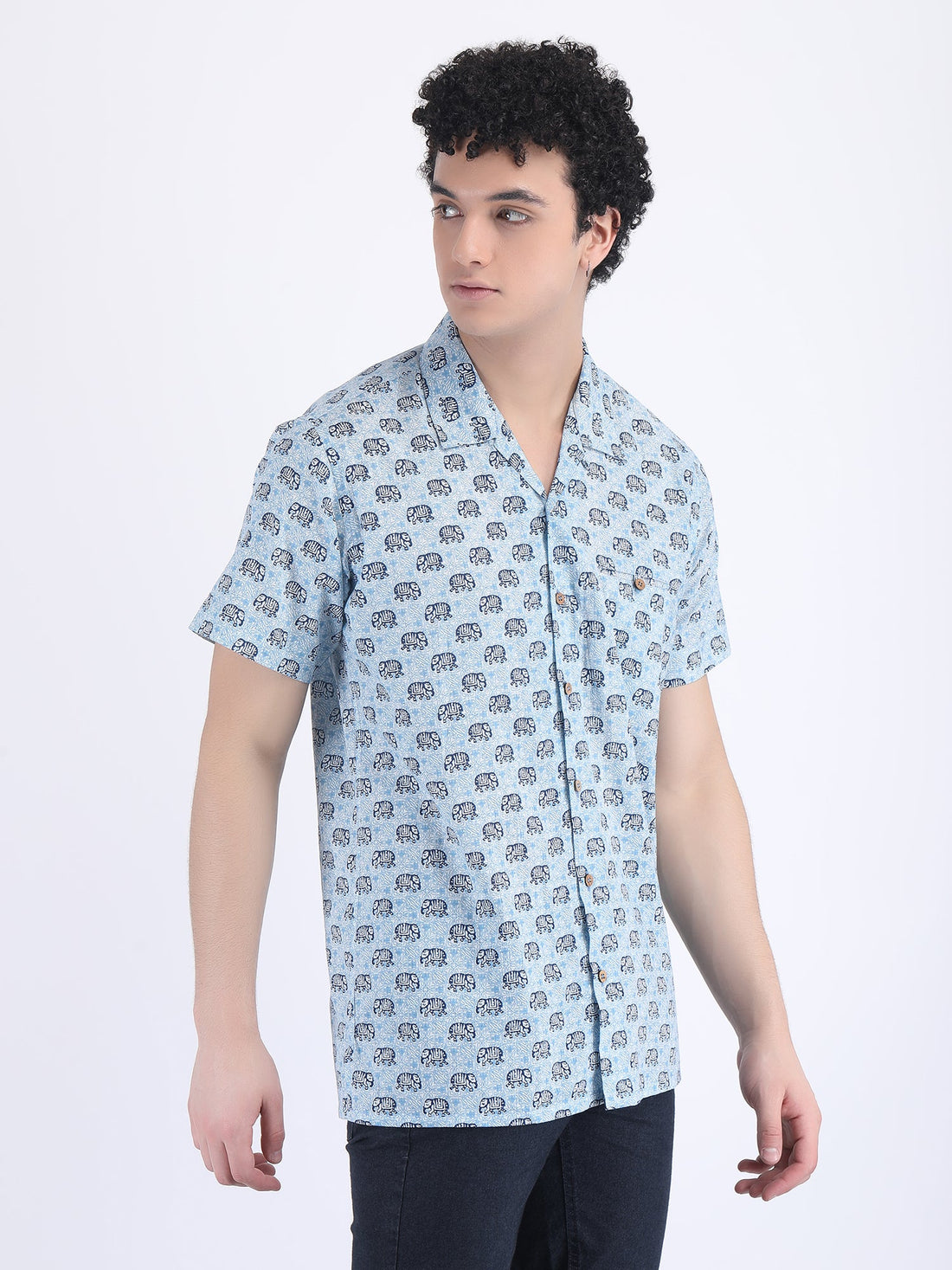 COTTON PRINT SUMMER SHIRT IN BLUE ELEPHANT