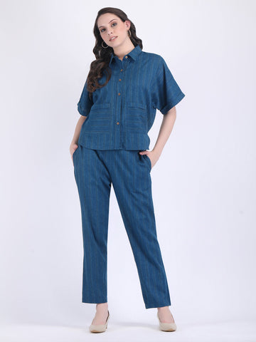 COTTON FLEX SELF STRIPED COORD SET NAVY