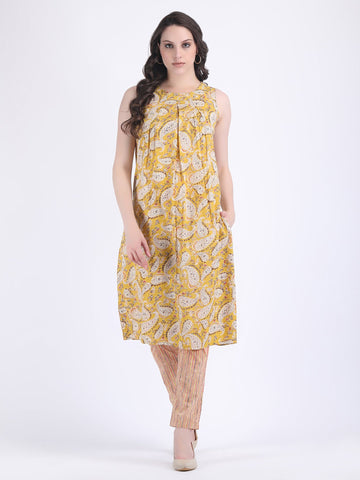 COTTON PAISLEY PRINT BOX PLEATS KURTA WITH PENCIL PANTS MUSTARD