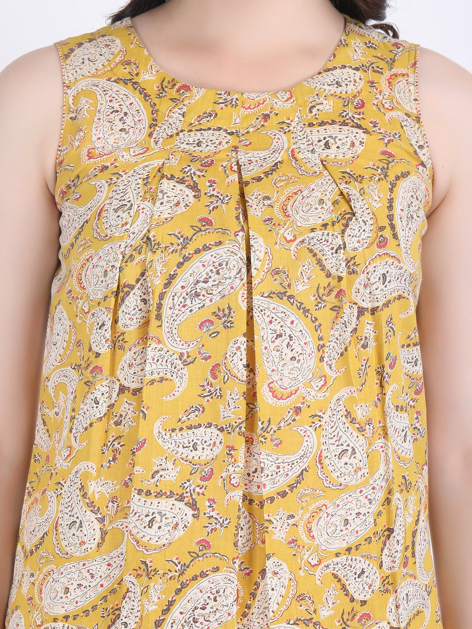 COTTON PAISLEY PRINT BOX PLEATS KURTA WITH PENCIL PANTS MUSTARD