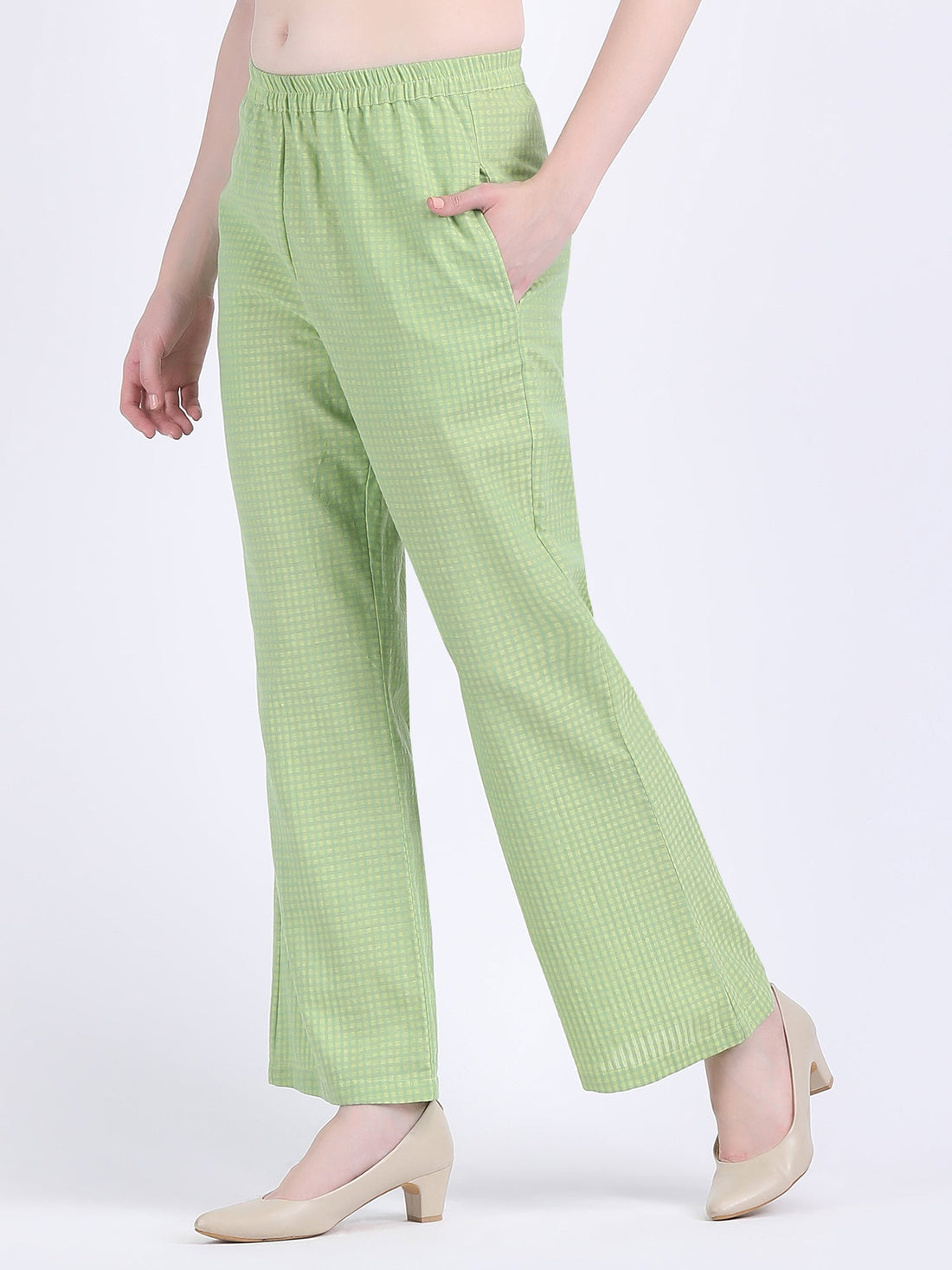 COTTON CHECK COLLARED CHEST POCKETS COORD SET DIVA GREEN