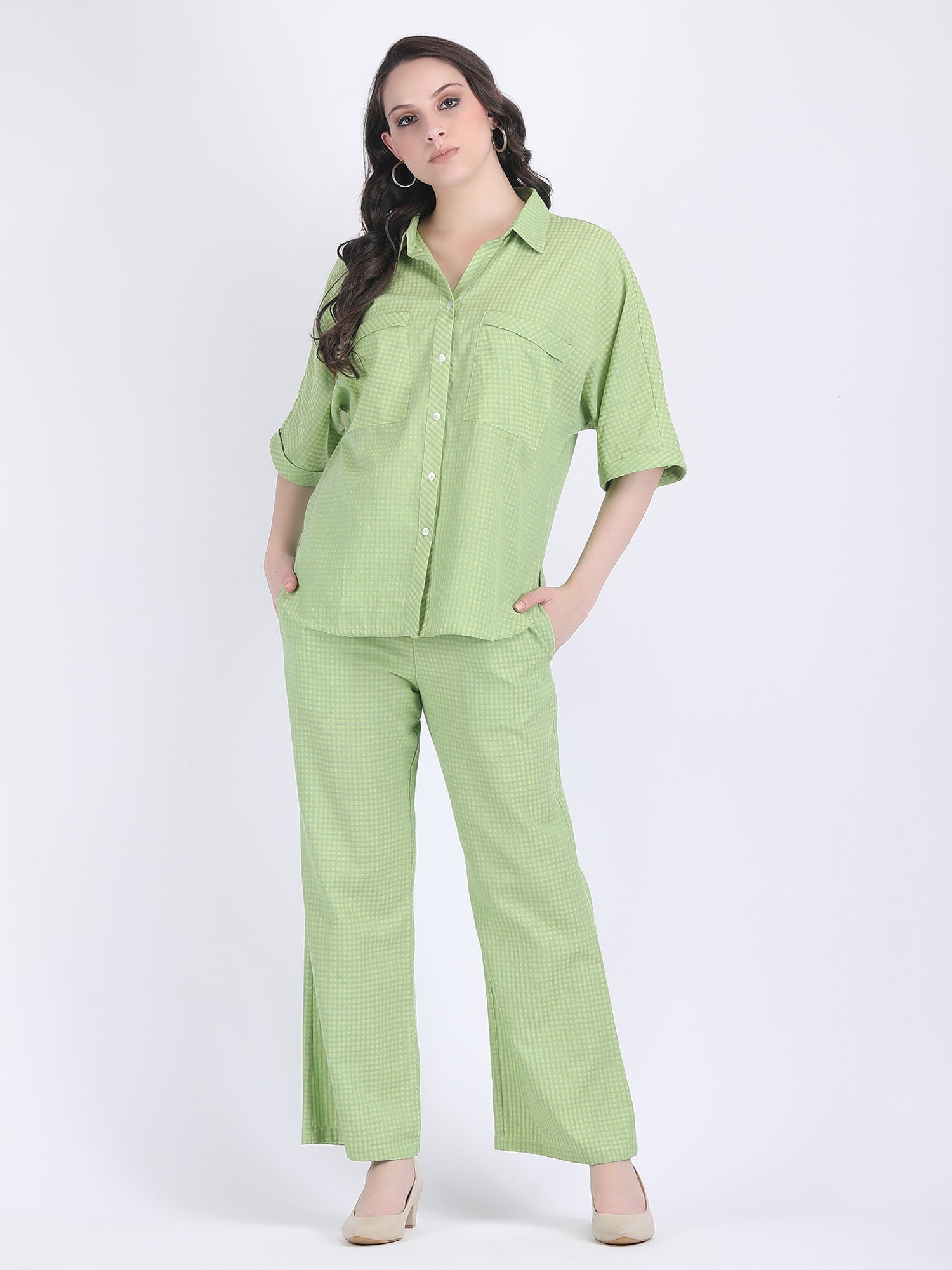 COTTON CHECK COLLARED CHEST POCKETS COORD SET DIVA GREEN