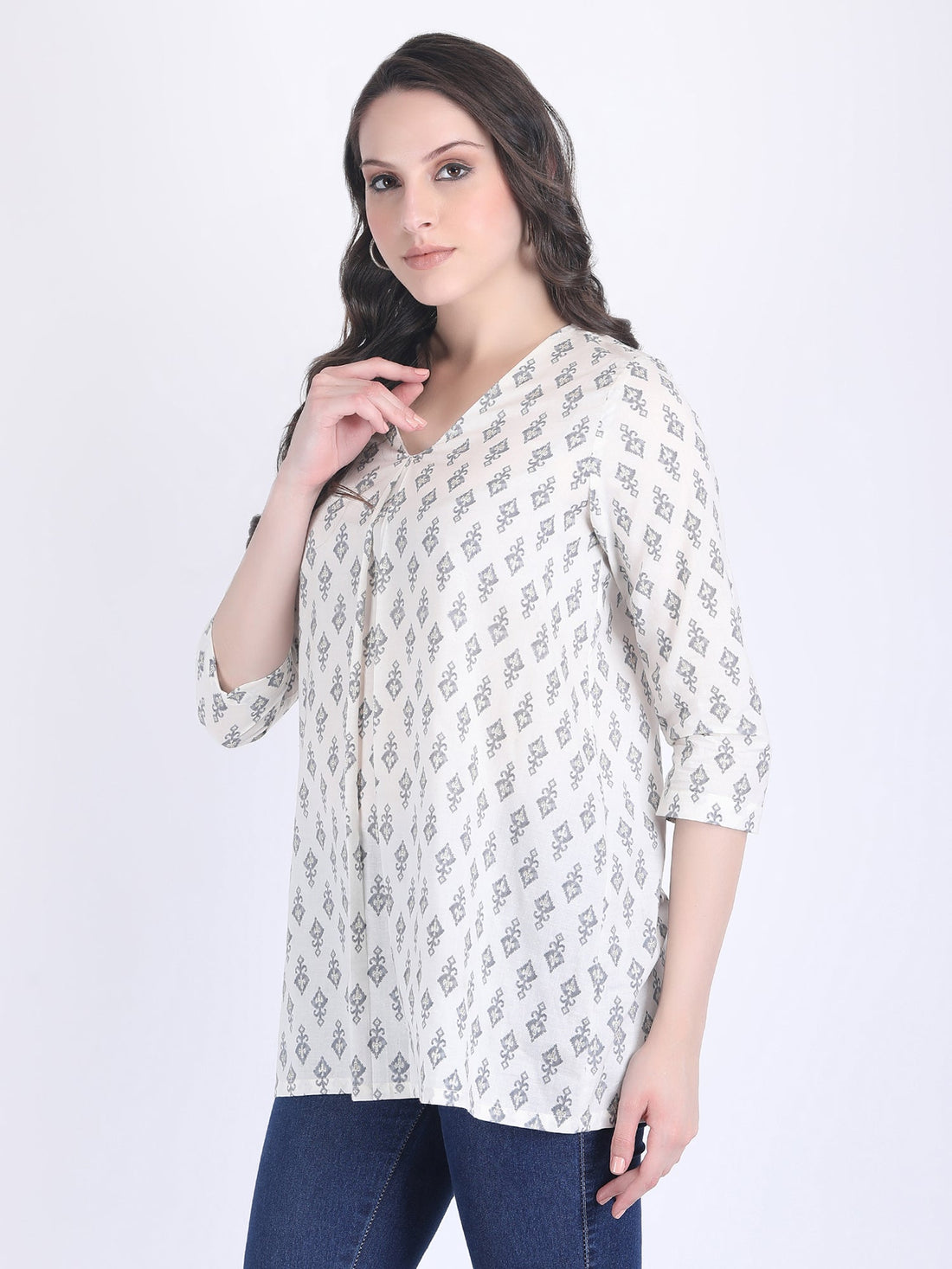 COTTON PRINT A LINE KURTI OFF WHITE GREY