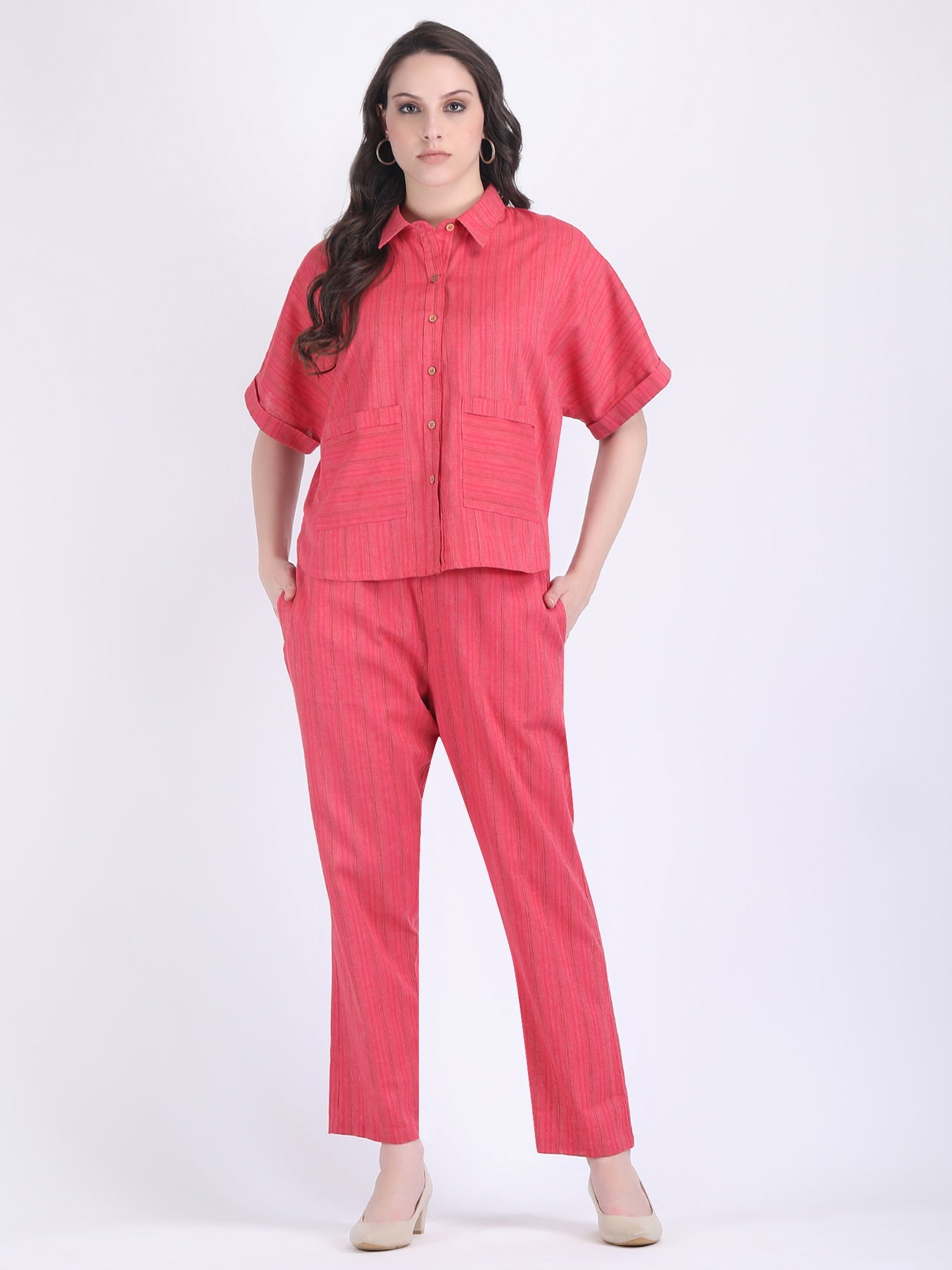 COTTON FLEX SELF STRIPED COORD SET RASPBERRY WINE