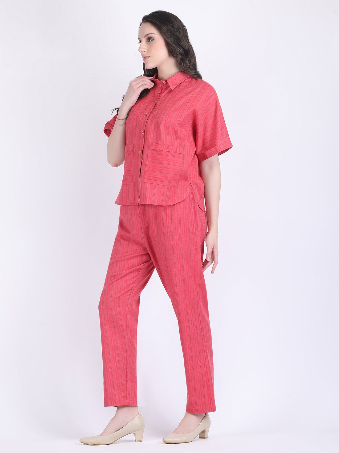 COTTON FLEX SELF STRIPED COORD SET RASPBERRY WINE