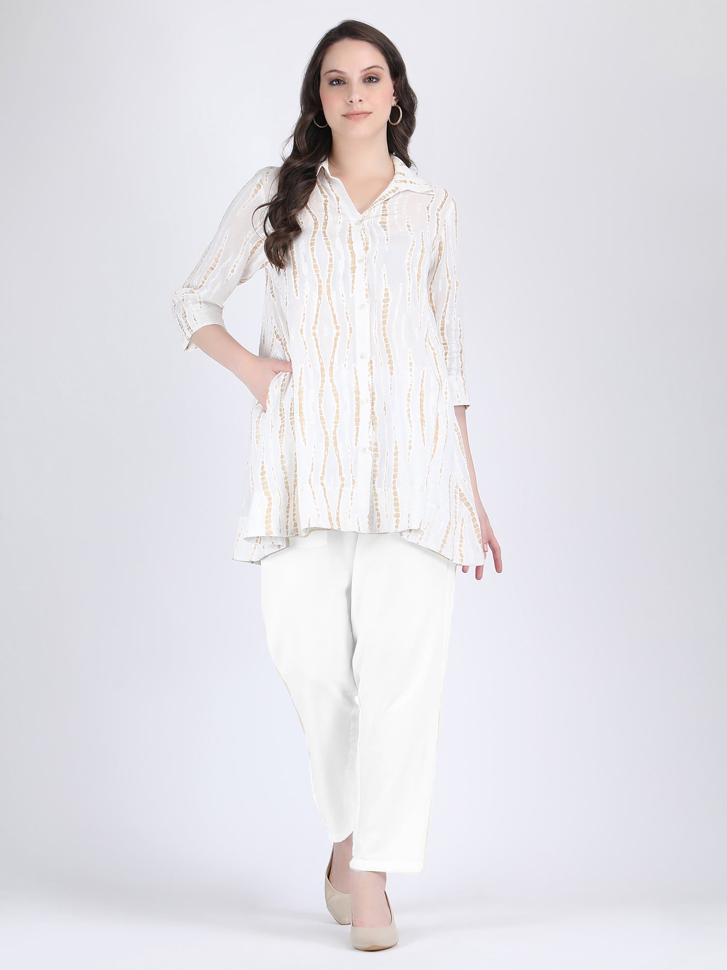 COTTON A LINE TUNIC CUM SHORT DRESS WITH WHITE AND GOLD PATTERN