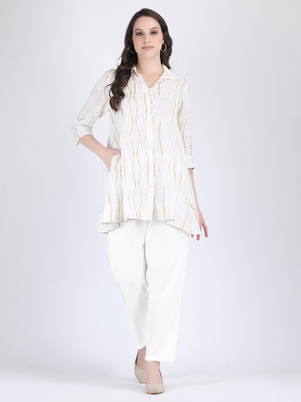 COTTON A LINE TUNIC CUM SHORT DRESS WITH WHITE AND GOLD PATTERN
