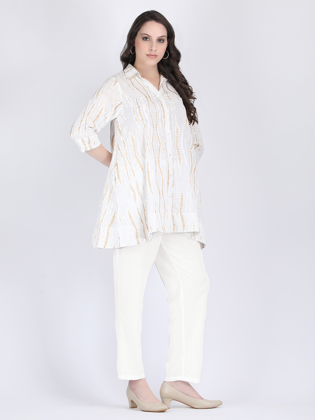 COTTON A LINE TUNIC CUM SHORT DRESS WITH WHITE AND GOLD PATTERN