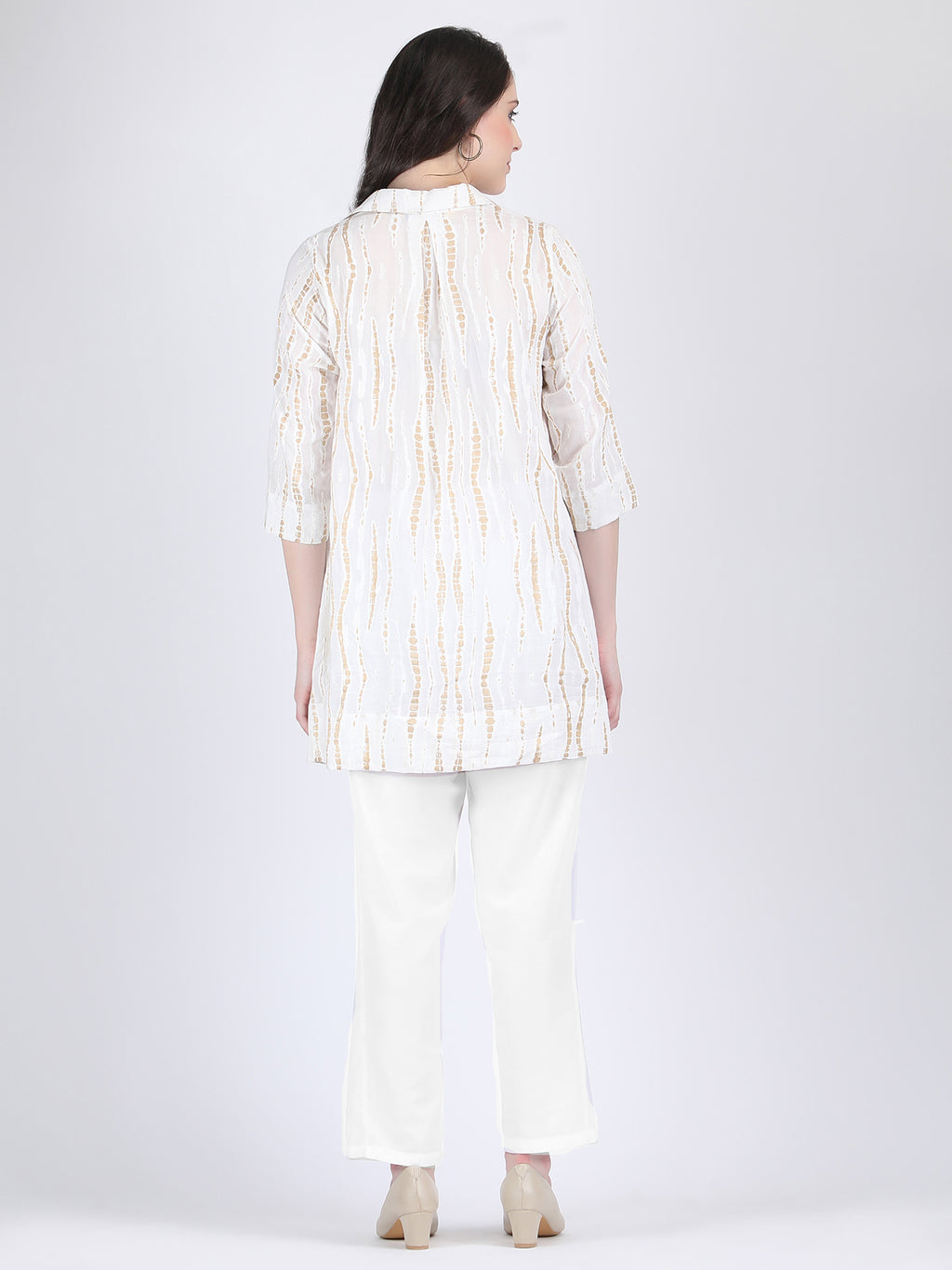 COTTON A LINE TUNIC CUM SHORT DRESS WITH WHITE AND GOLD PATTERN