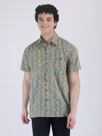 COTTON FLOWER PRINT SUMMER SHIRT IN GREEN YELLOW