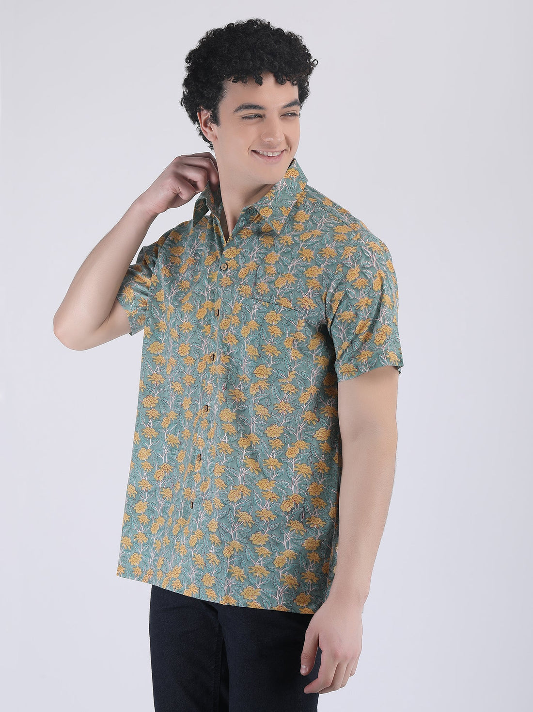 COTTON FLOWER PRINT SUMMER SHIRT IN GREEN YELLOW