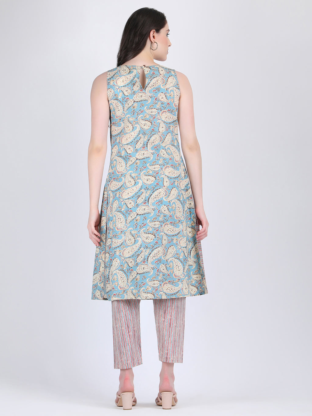 COTTON PAISLEY PRINT BOX PLEATS KURTA WITH PENCIL PANTS BLUE