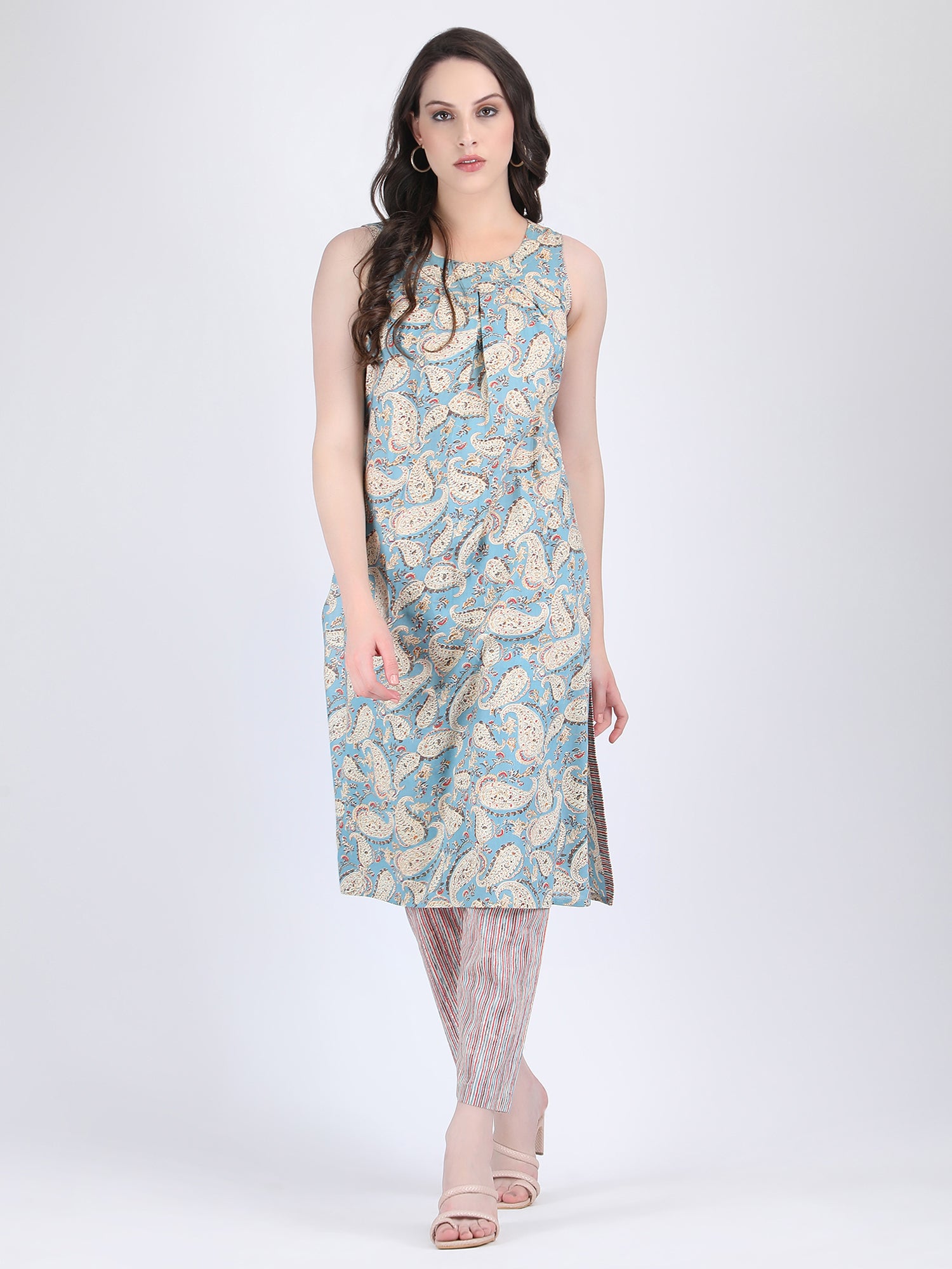 COTTON PAISLEY PRINT BOX PLEATS KURTA WITH PENCIL PANTS BLUE