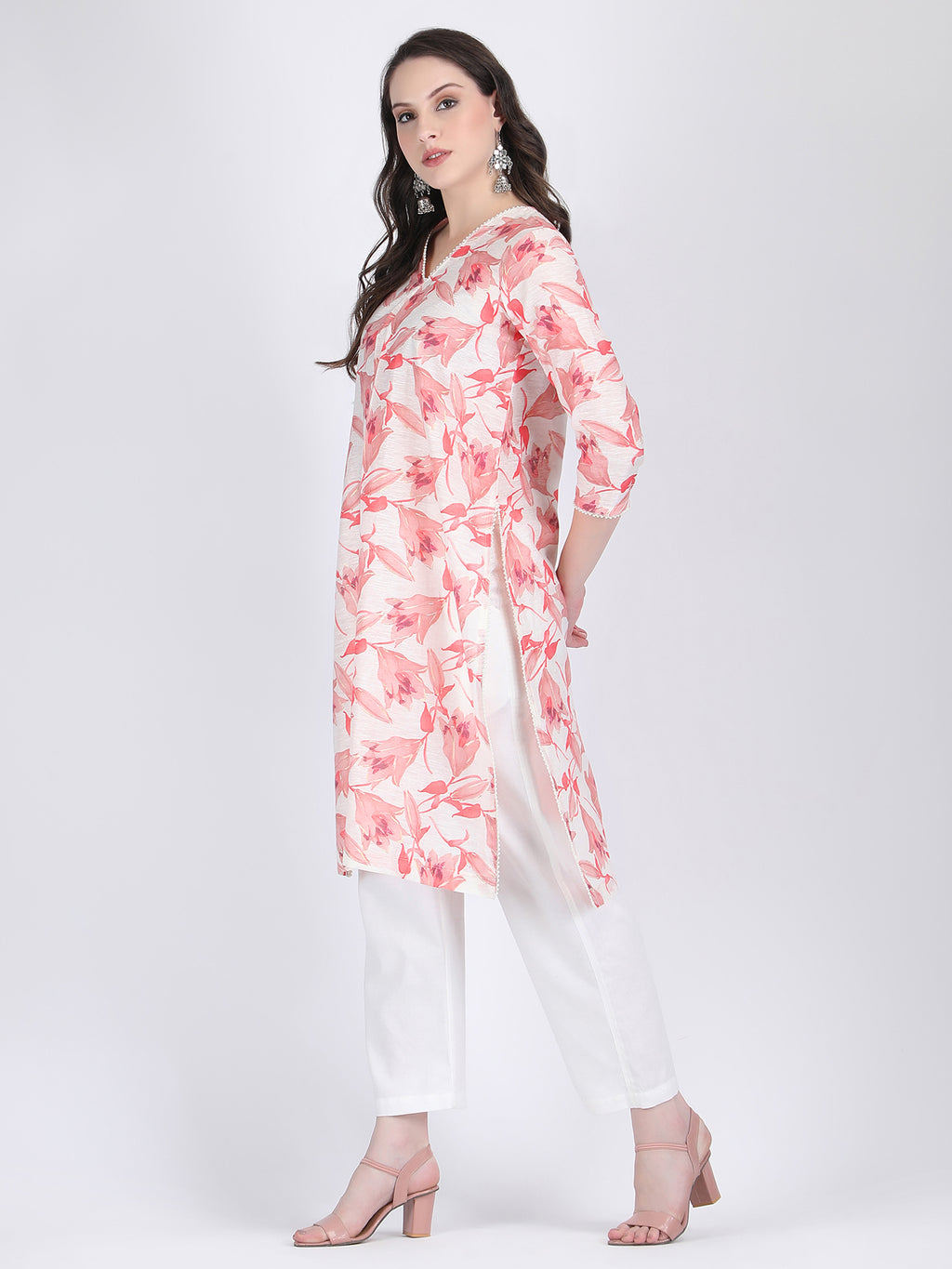 COTTON CHANDERI COMFORT WEAR KURTA SET WITH PEARL LACE TULIP PINK