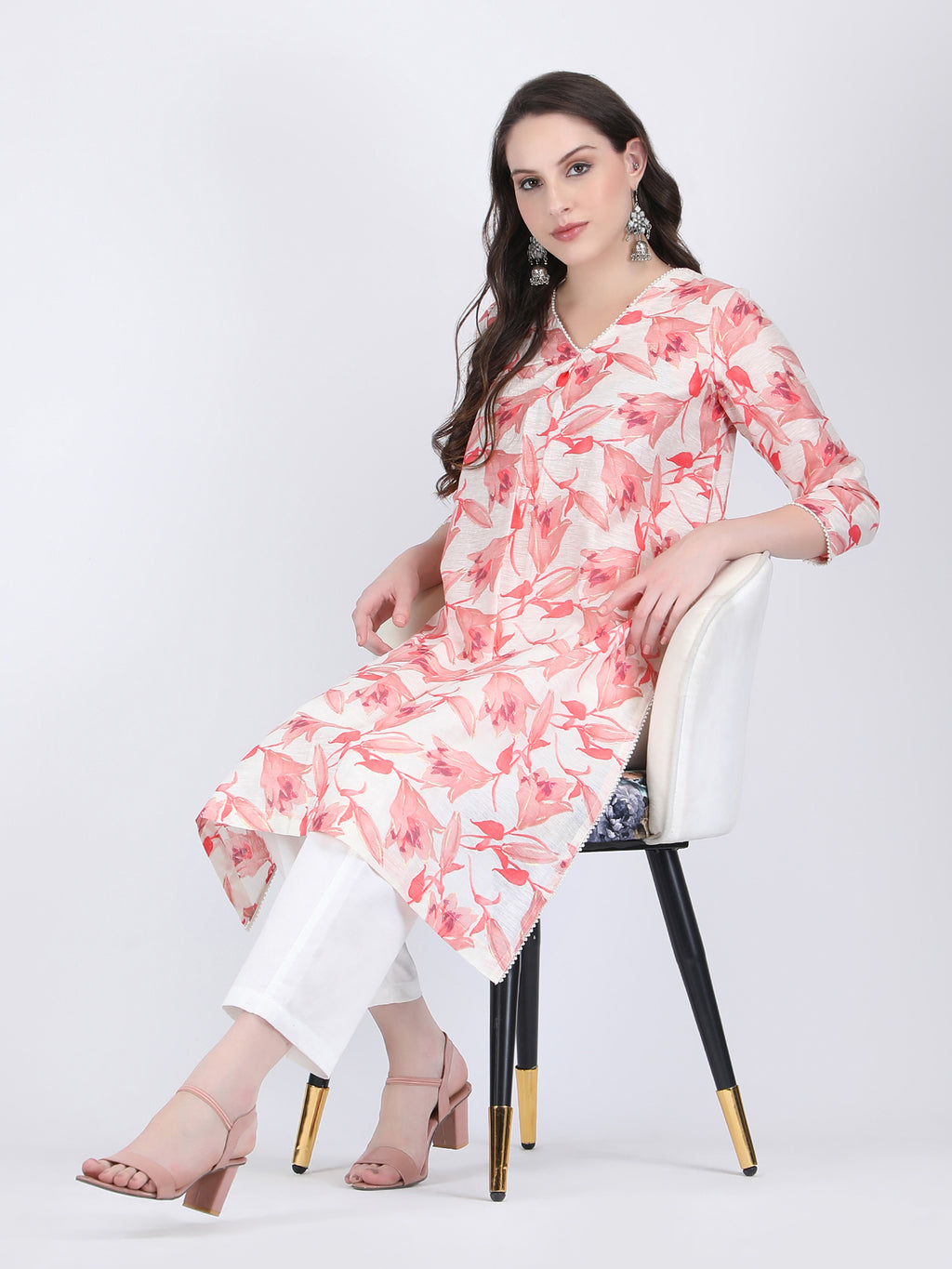 COTTON CHANDERI COMFORT WEAR KURTA SET WITH PEARL LACE TULIP PINK