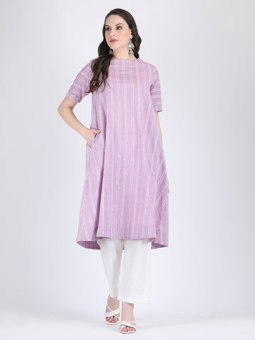 COTTON SELF STRIPED A LINE KURTA SET LILAC