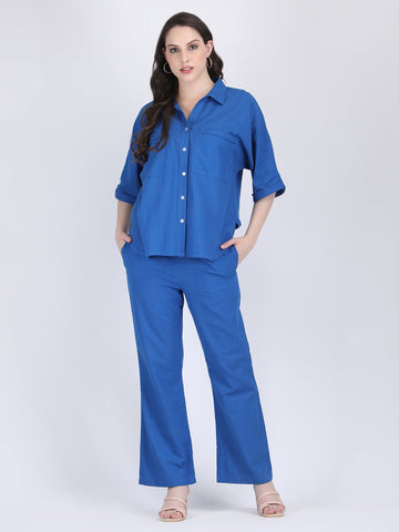 COTTON CHECK COLLARED CHEST POCKETS COORD SET DIVA BLUE