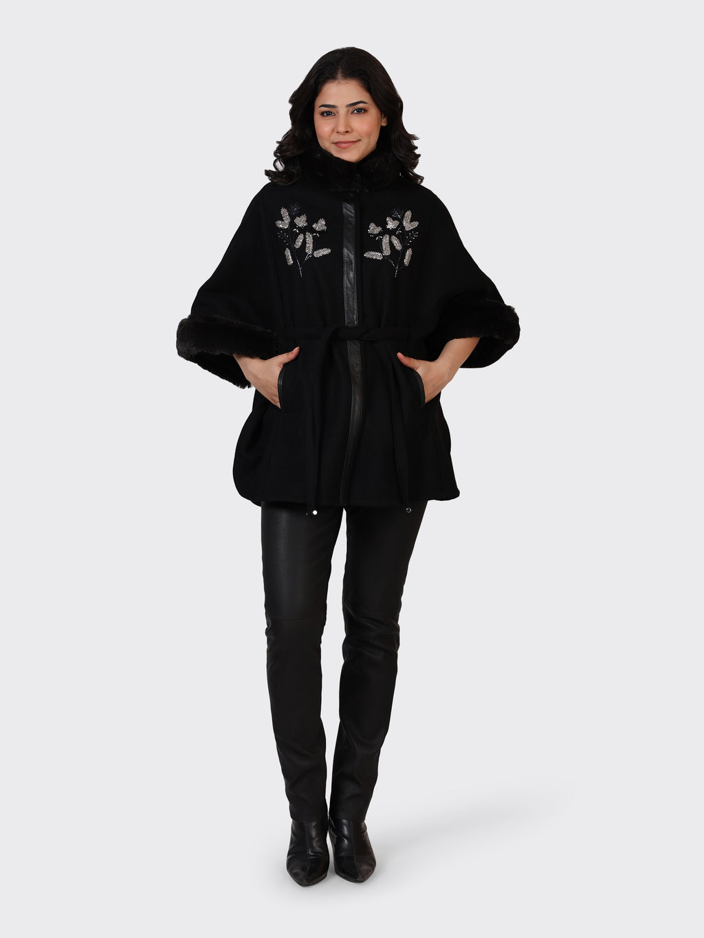 LADIES CAPE WOOLLEN JACKET-EMB BLACK