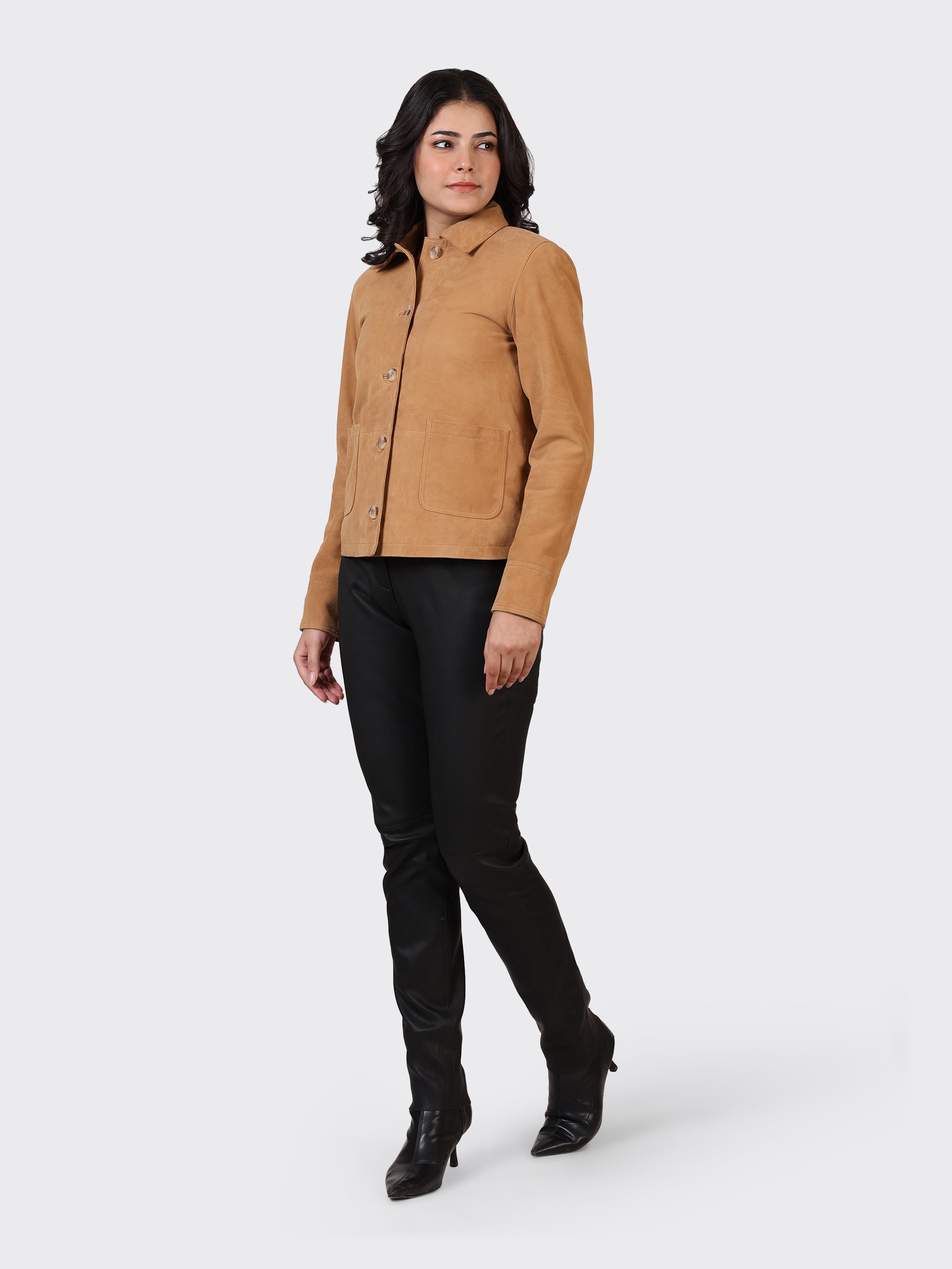 LADIES SUEDE LEATHER JACKET-SAND