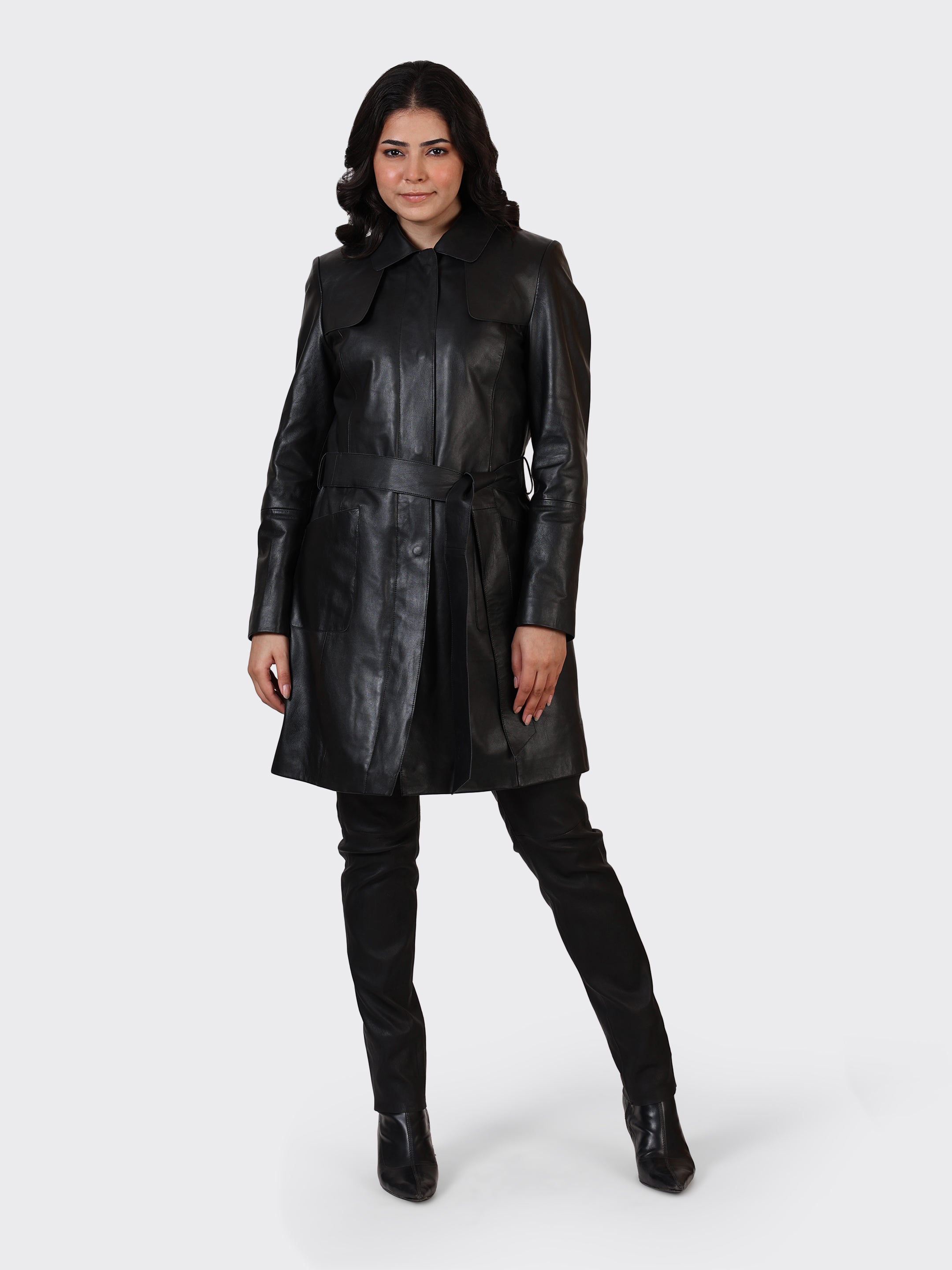 LADIES KNEE-LENGTH LEATHER JACKET-BLACK