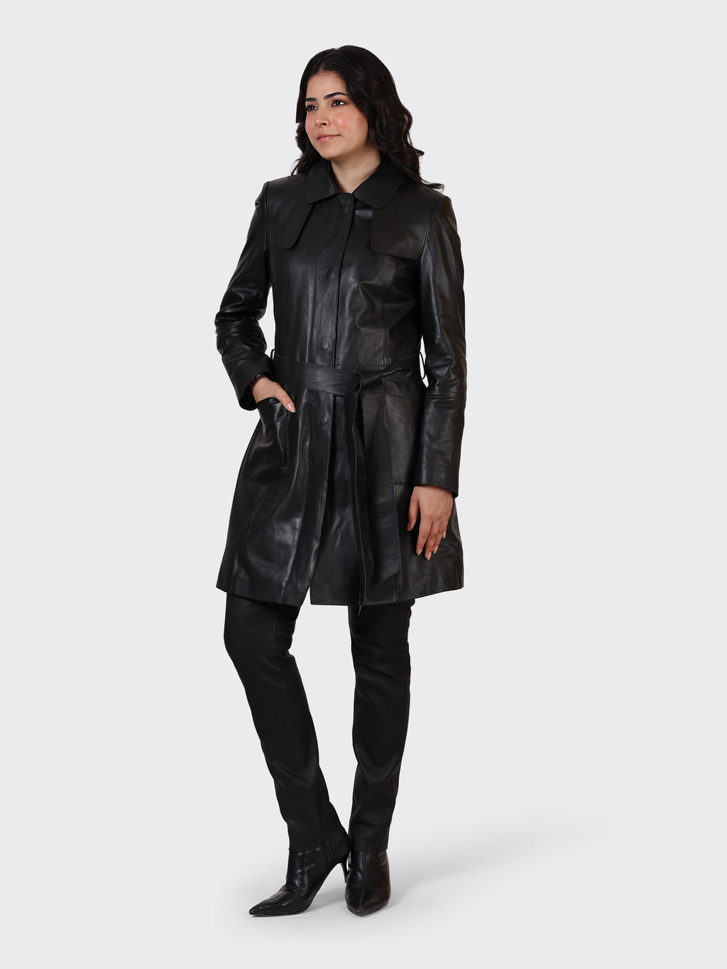 LADIES KNEE-LENGTH LEATHER JACKET-BLACK