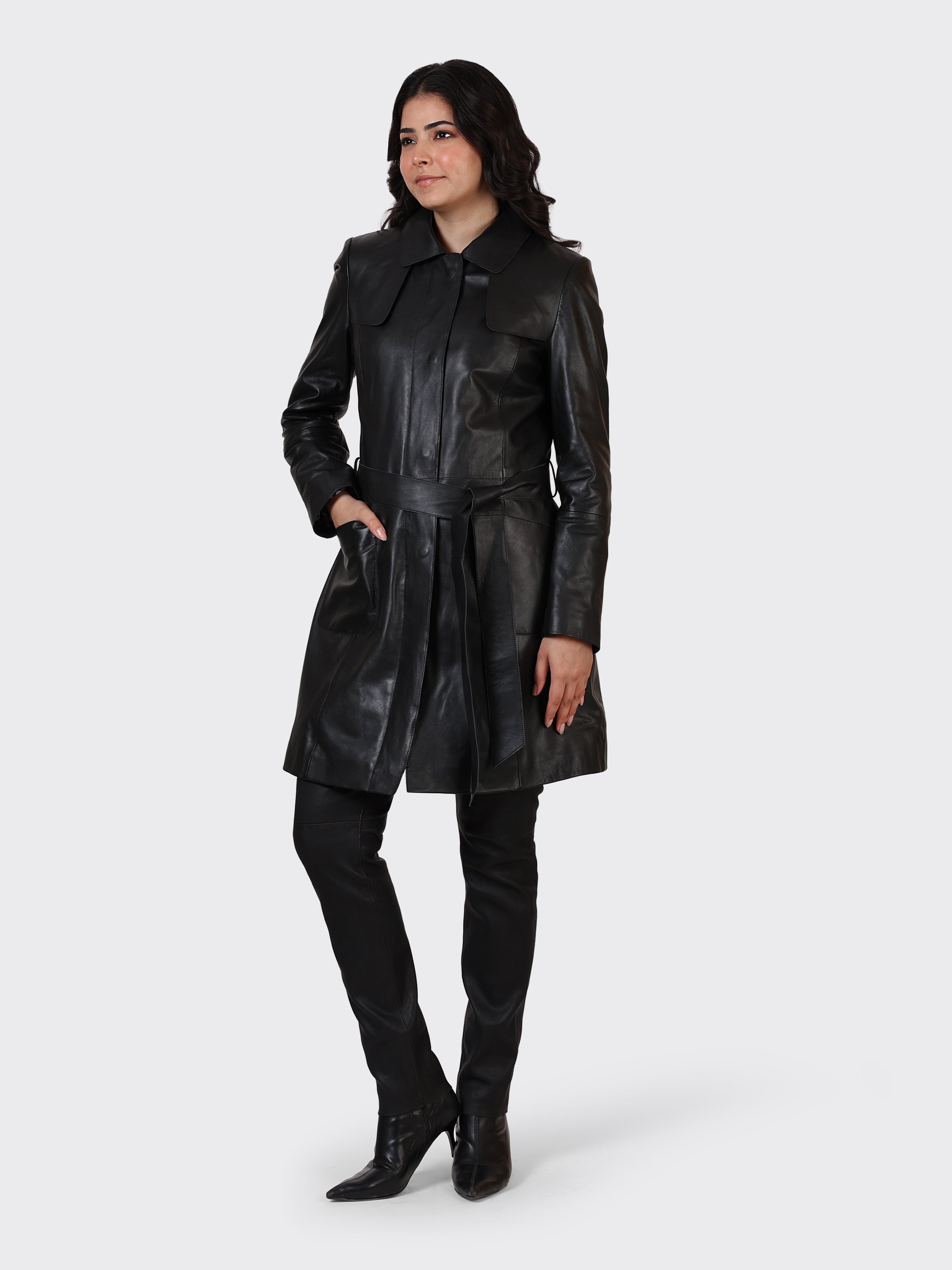 LADIES KNEE-LENGTH LEATHER JACKET-BLACK