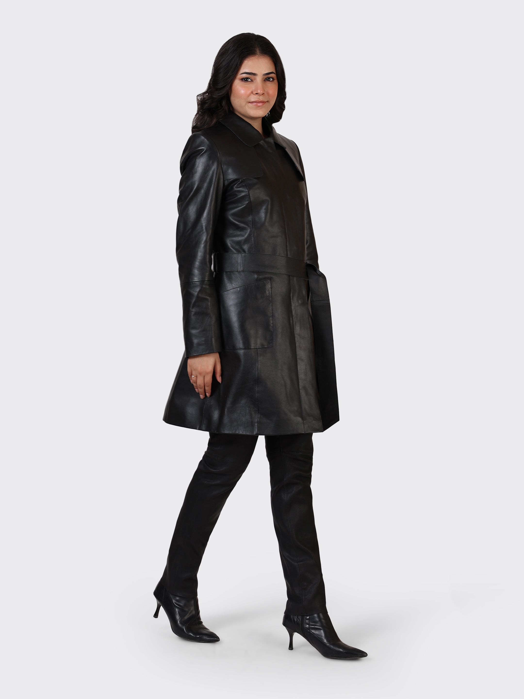 LADIES KNEE-LENGTH LEATHER JACKET-BLACK