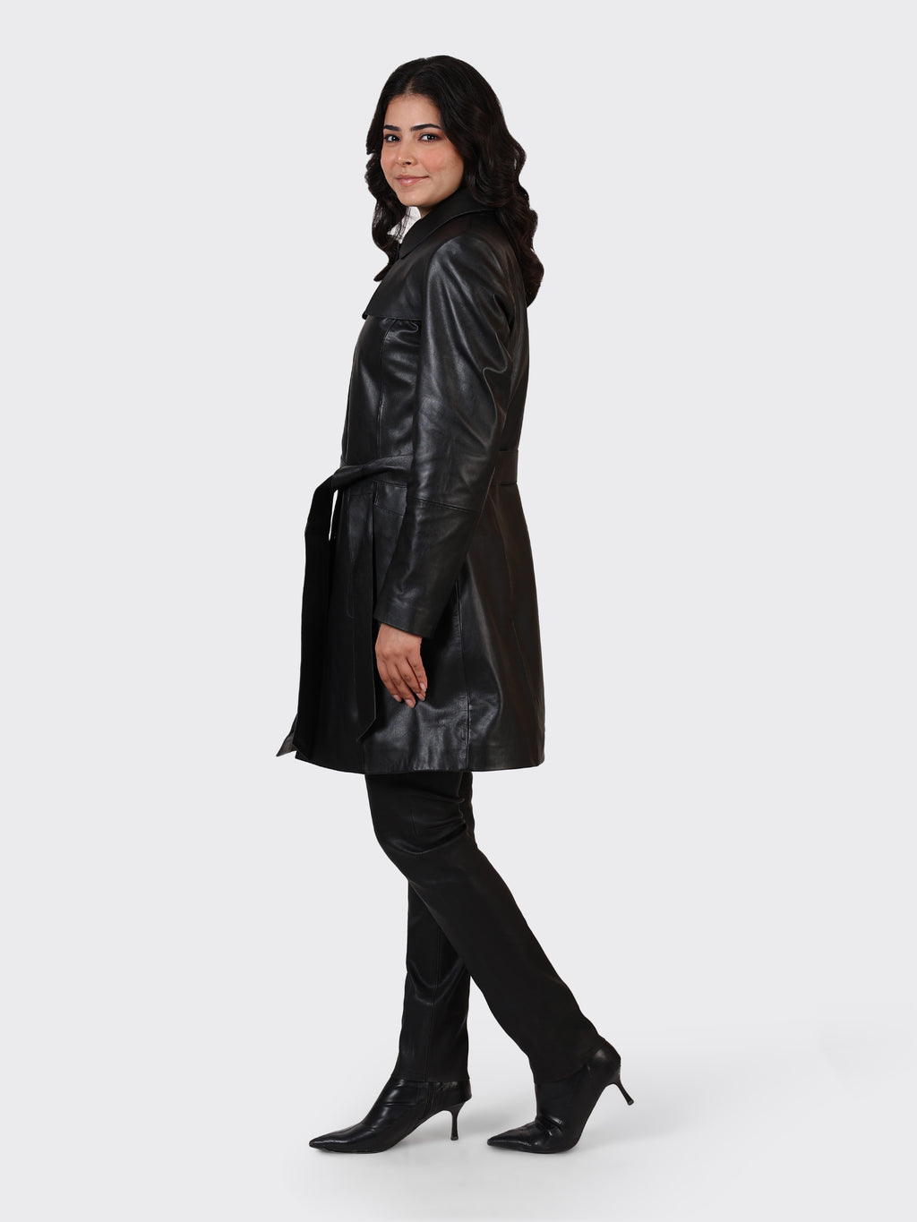 LADIES KNEE-LENGTH LEATHER JACKET-BLACK