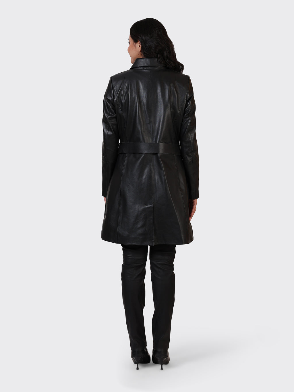 LADIES KNEE-LENGTH LEATHER JACKET-BLACK