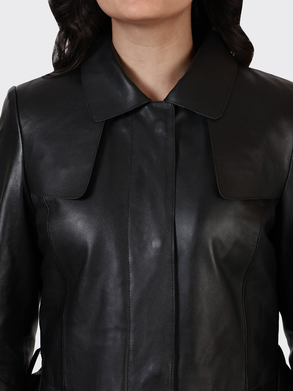 LADIES KNEE-LENGTH LEATHER JACKET-BLACK