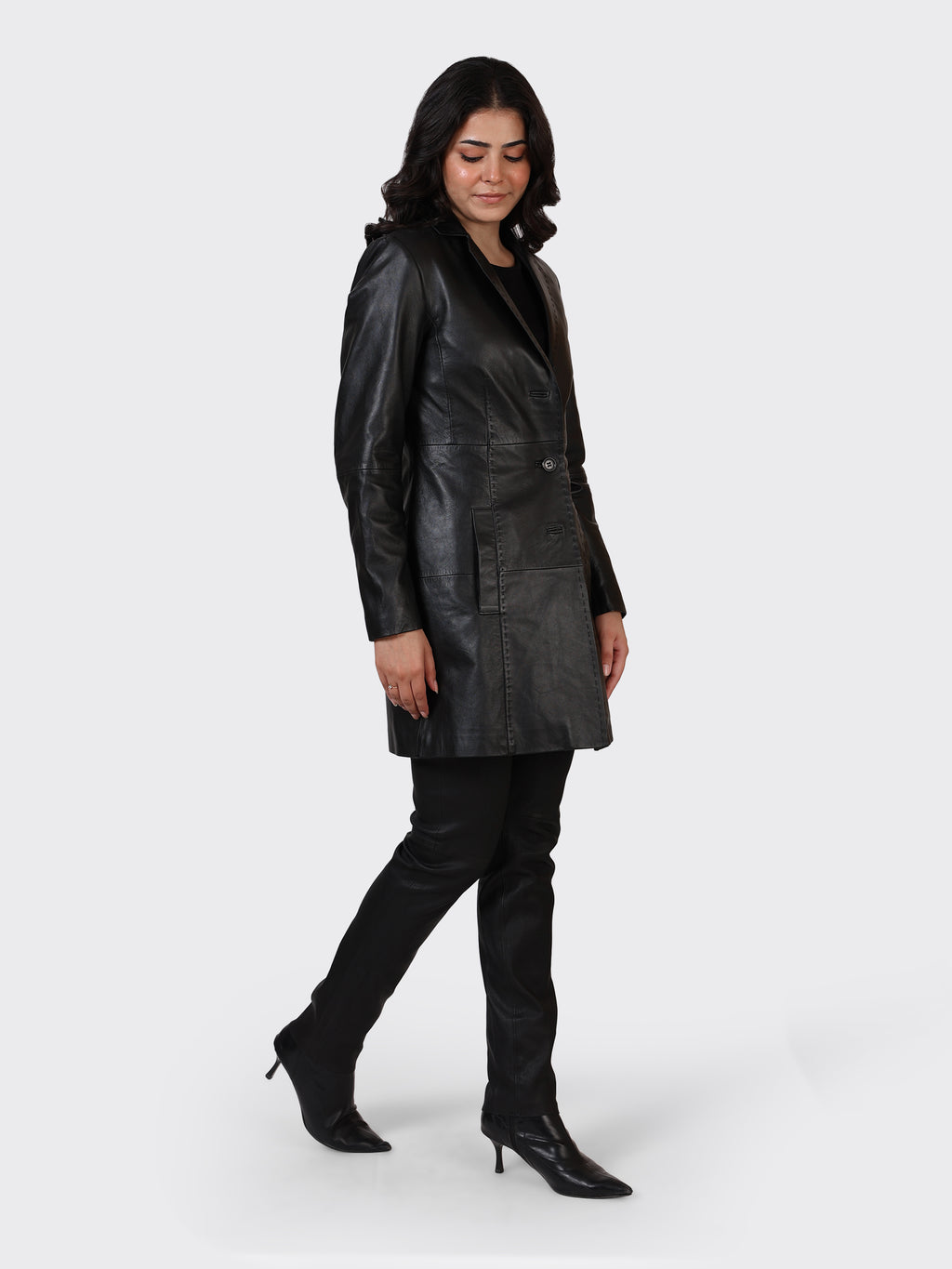 LADIES KNEE-LENGTH LEATHER JACKET-BLACK