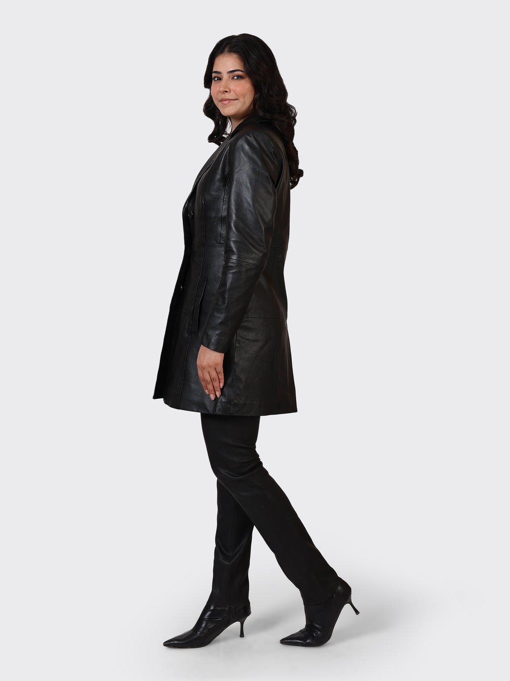 LADIES KNEE-LENGTH LEATHER JACKET-BLACK