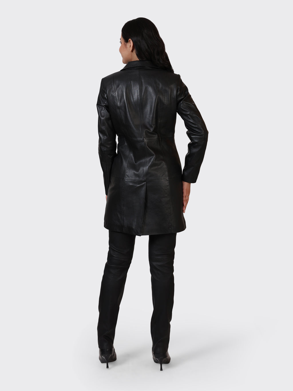 LADIES KNEE-LENGTH LEATHER JACKET-BLACK