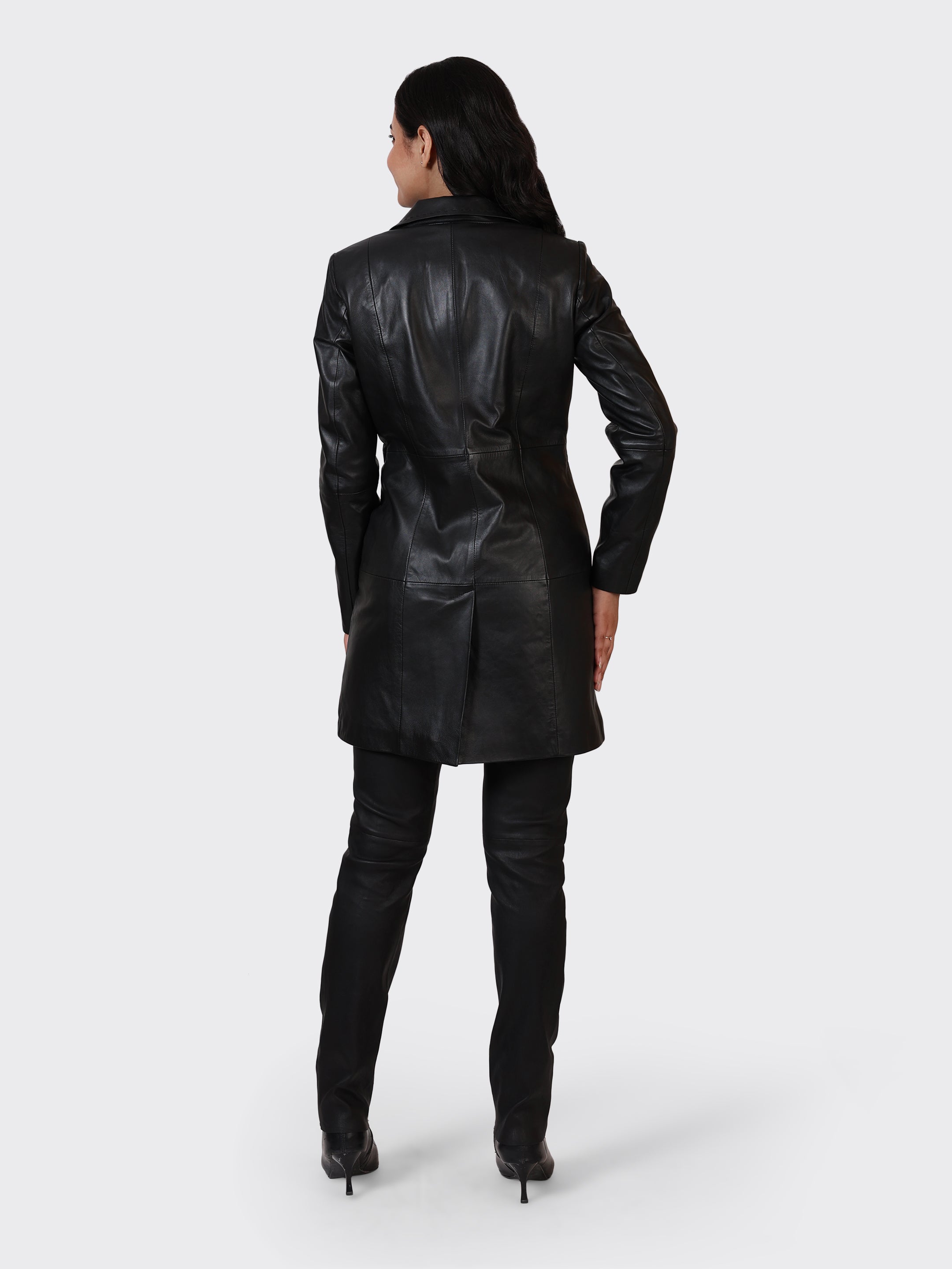LADIES KNEE-LENGTH LEATHER JACKET-BLACK