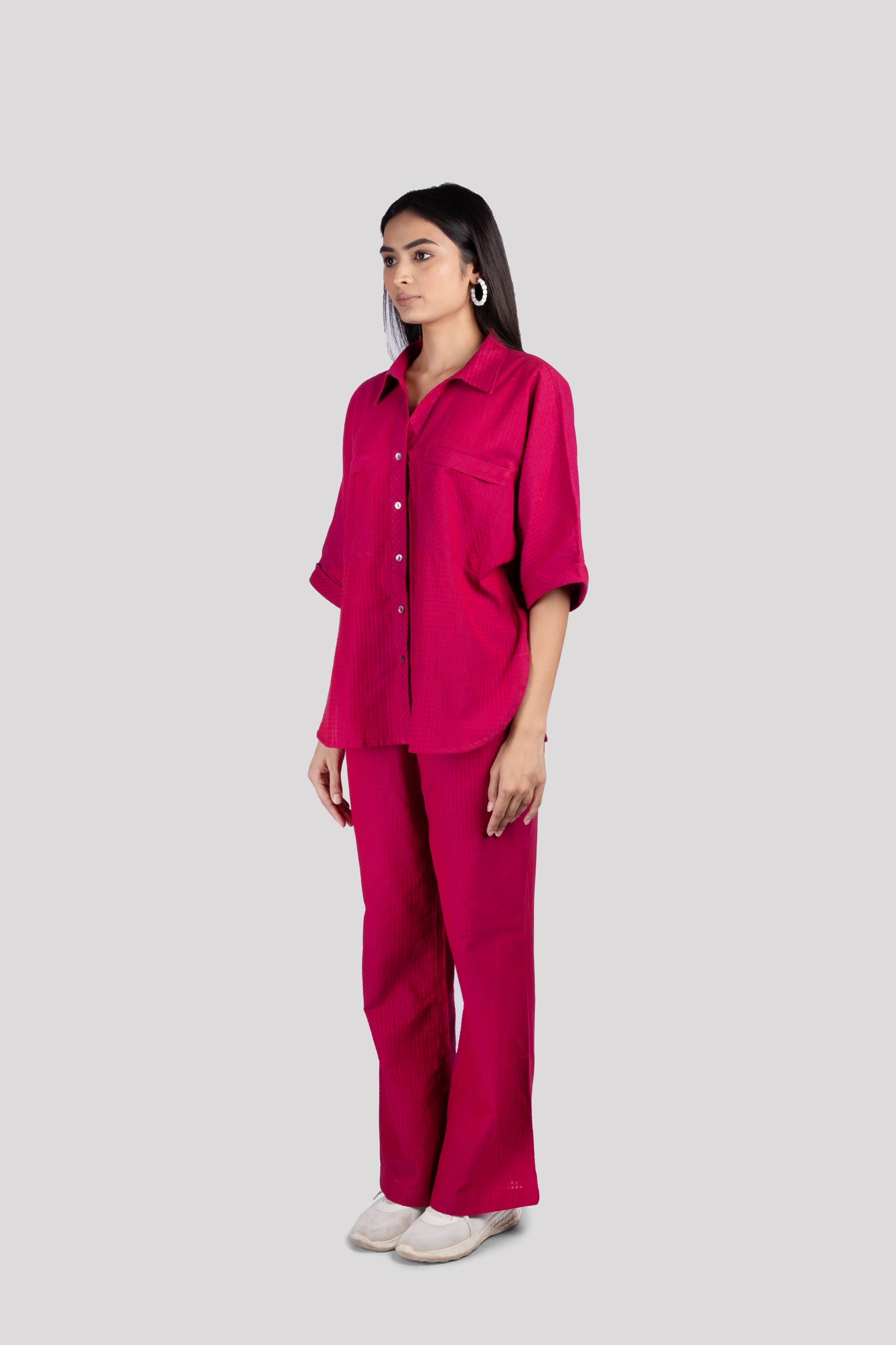 Cotton Check Collared Chest Pockets COORD Set - Wine