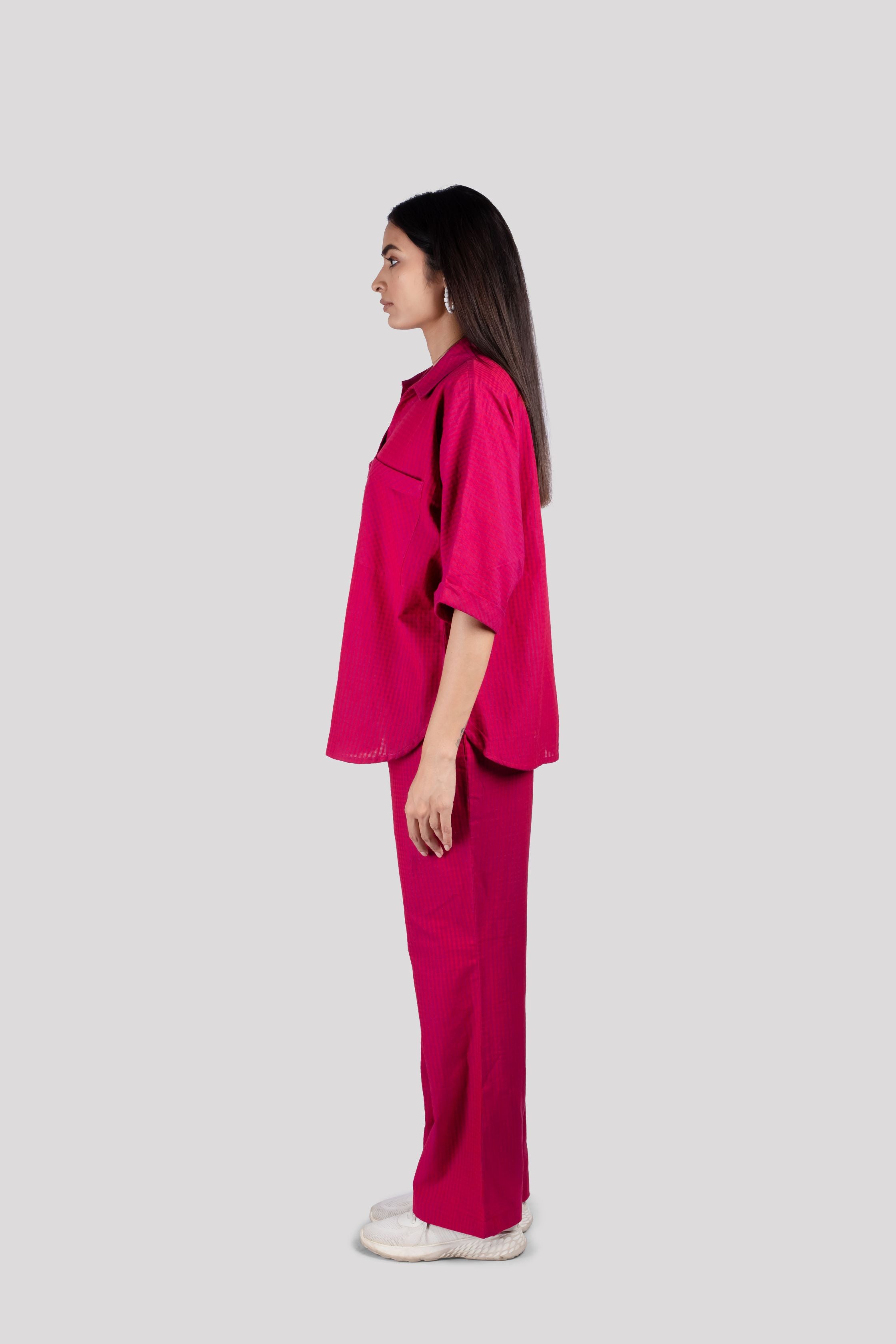 Cotton Check Collared Chest Pockets COORD Set - Wine