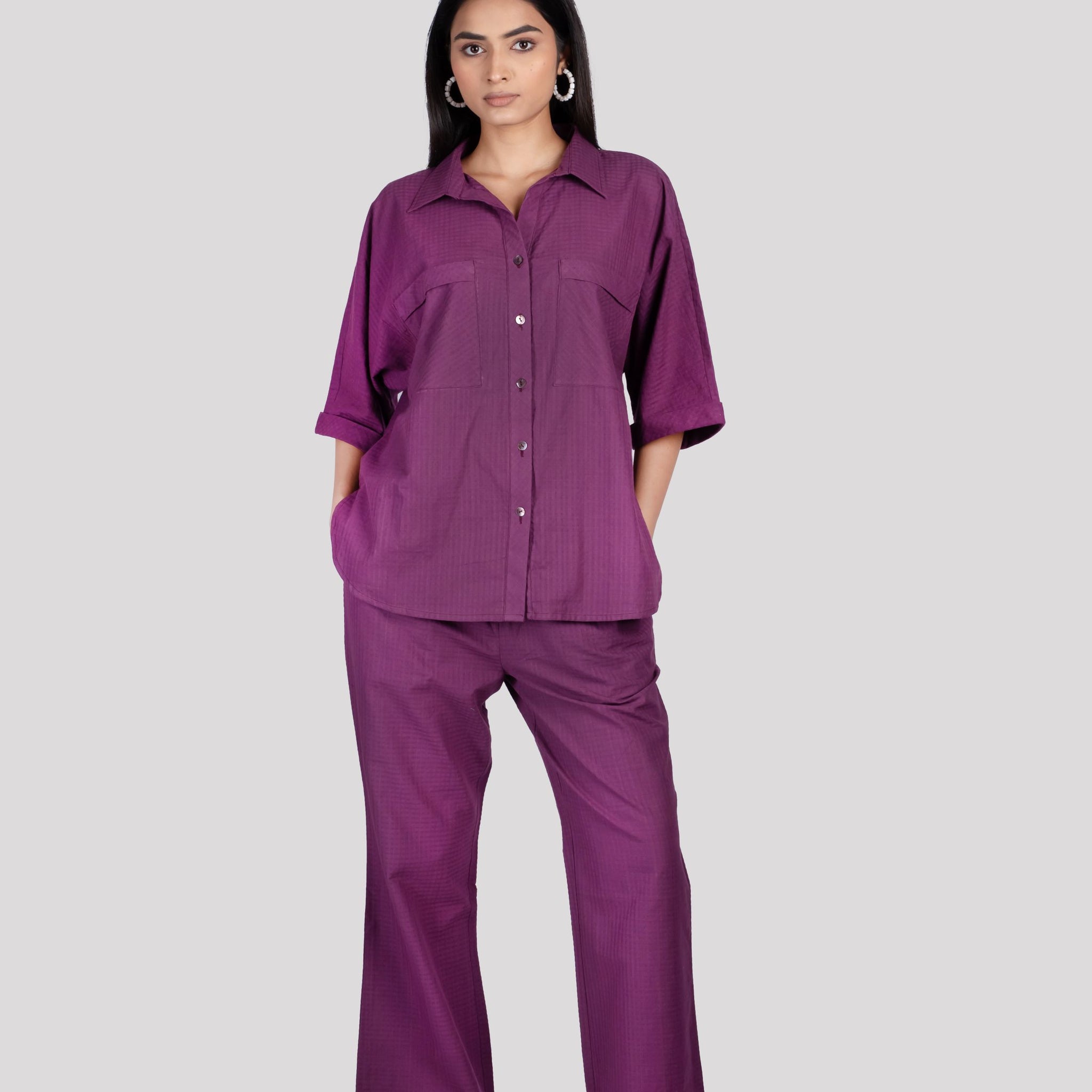 Cotton Check Collared Chest Pockets COORD Set - Purple