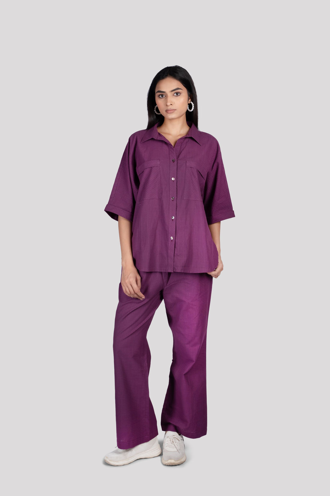 Cotton Check Collared Chest Pockets COORD Set - Purple