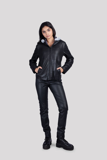 LADIES LEATHER JACKET WITH HOOD / FAKE FUR