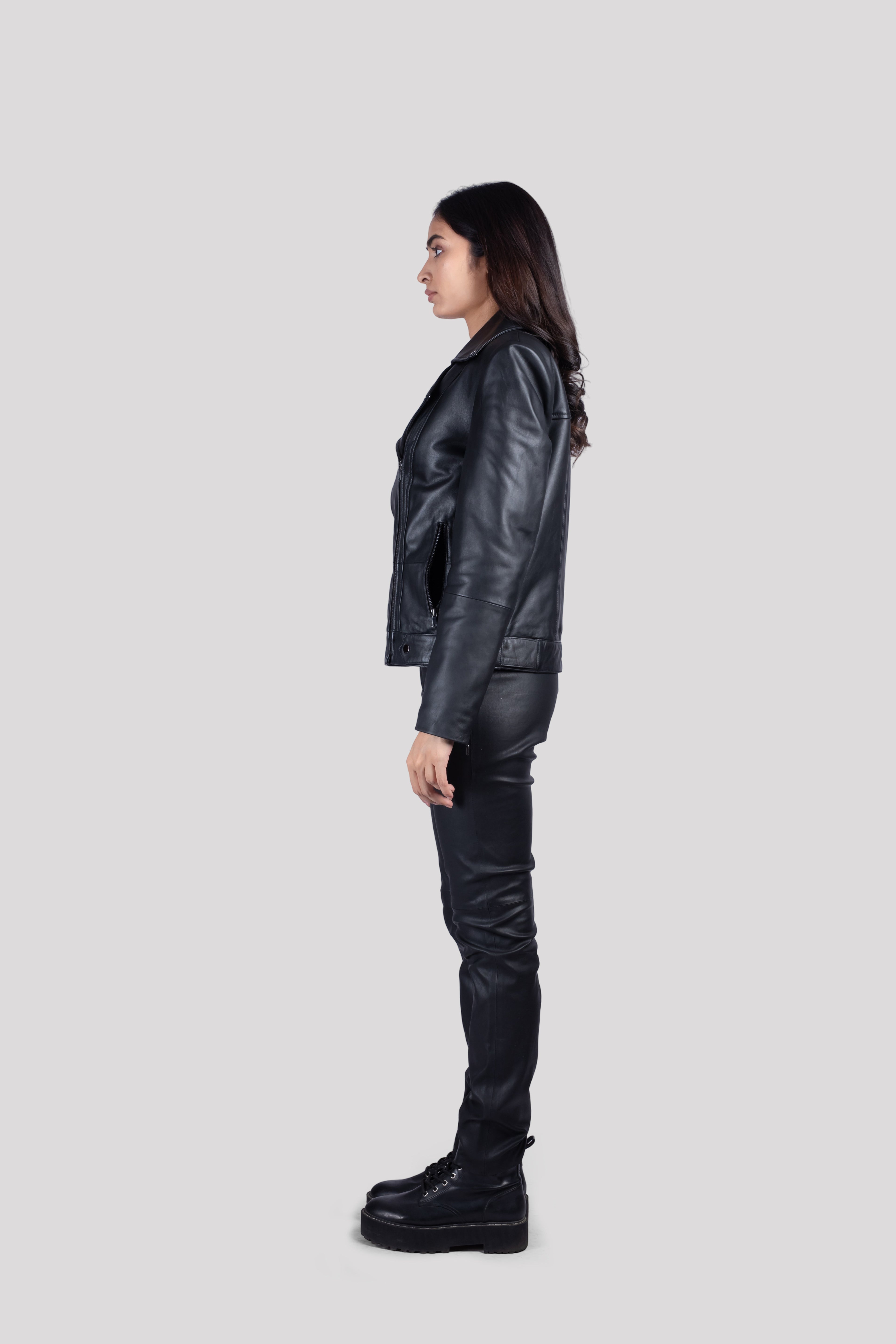 WOMEN LAPEL COLLAR SOLID LEATHER CASUAL JACKET