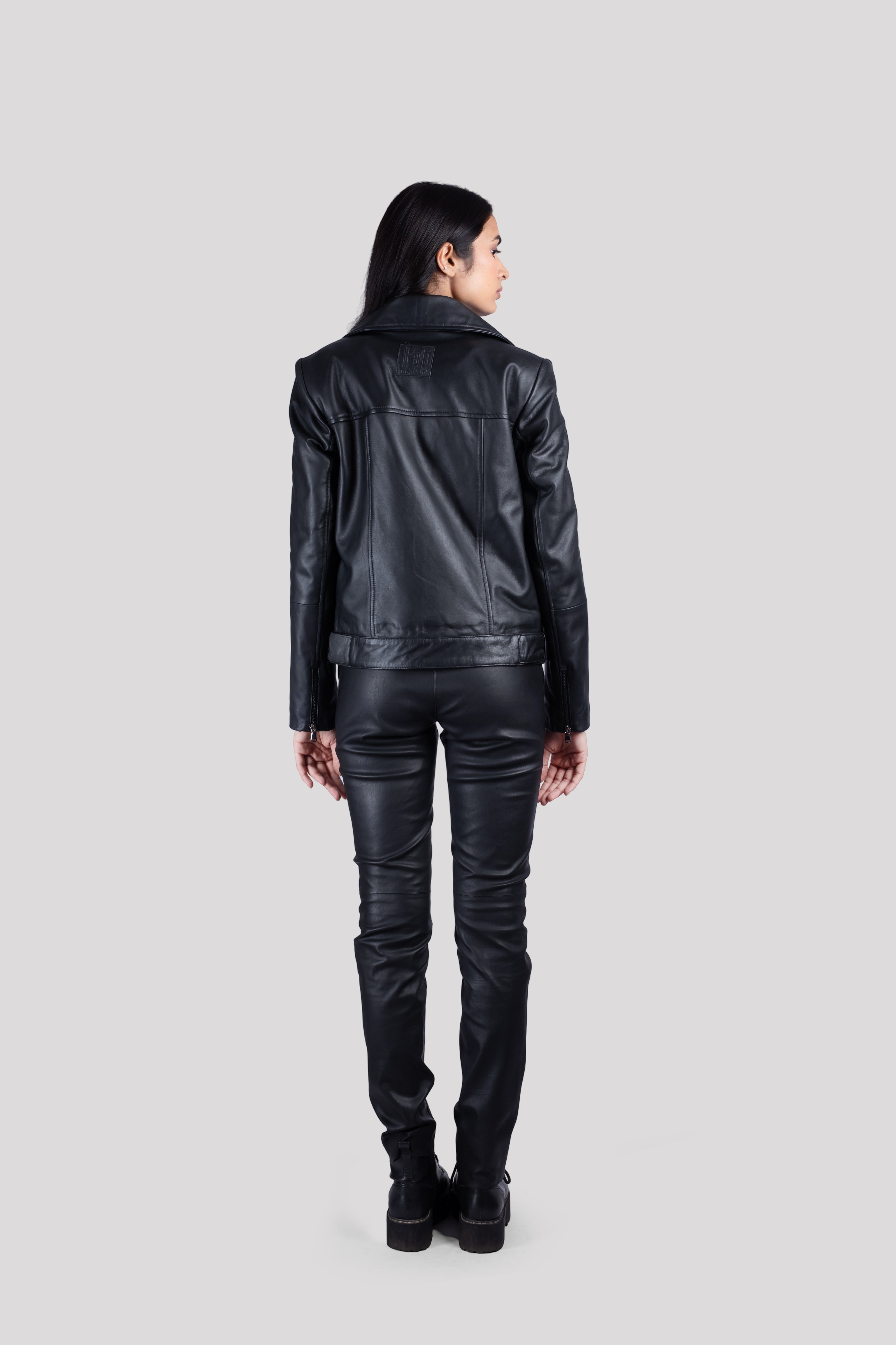WOMEN LAPEL COLLAR SOLID LEATHER CASUAL JACKET