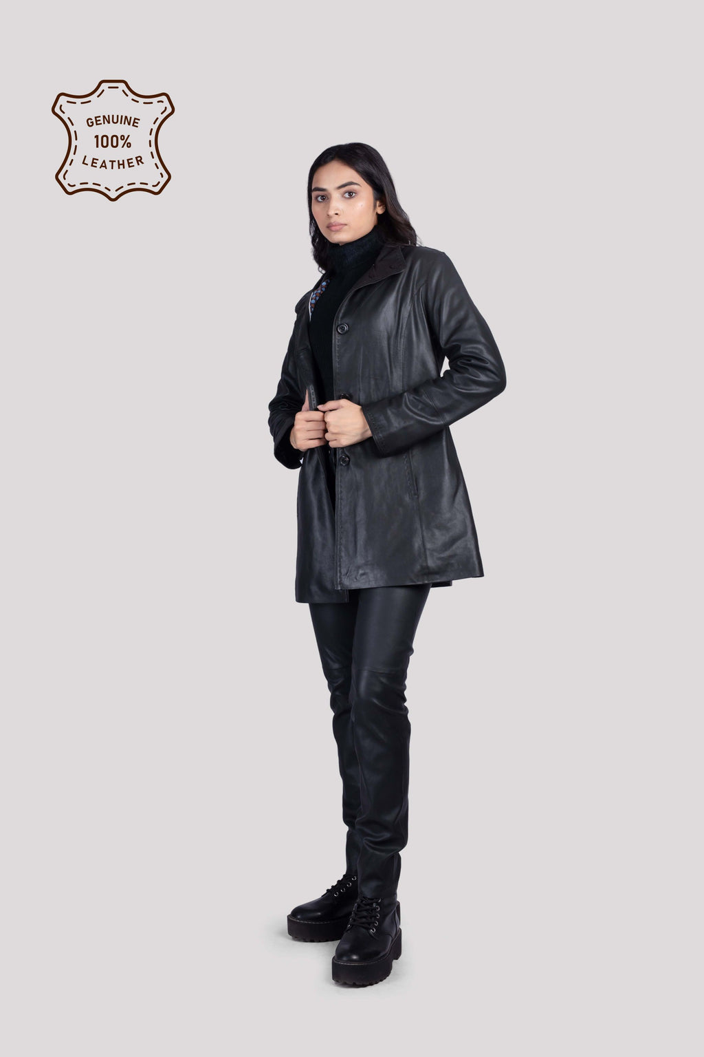 LADIES LEATHER LONG COAT WITH HAND STITCH ON LEATHER