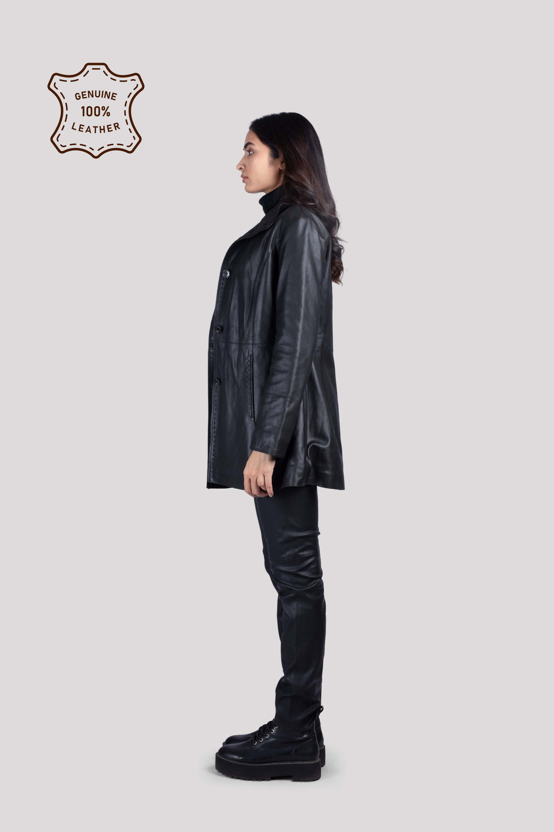 LADIES LEATHER LONG COAT WITH HAND STITCH ON LEATHER