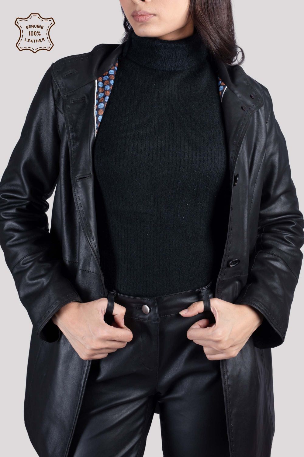 LADIES LEATHER LONG COAT WITH HAND STITCH ON LEATHER