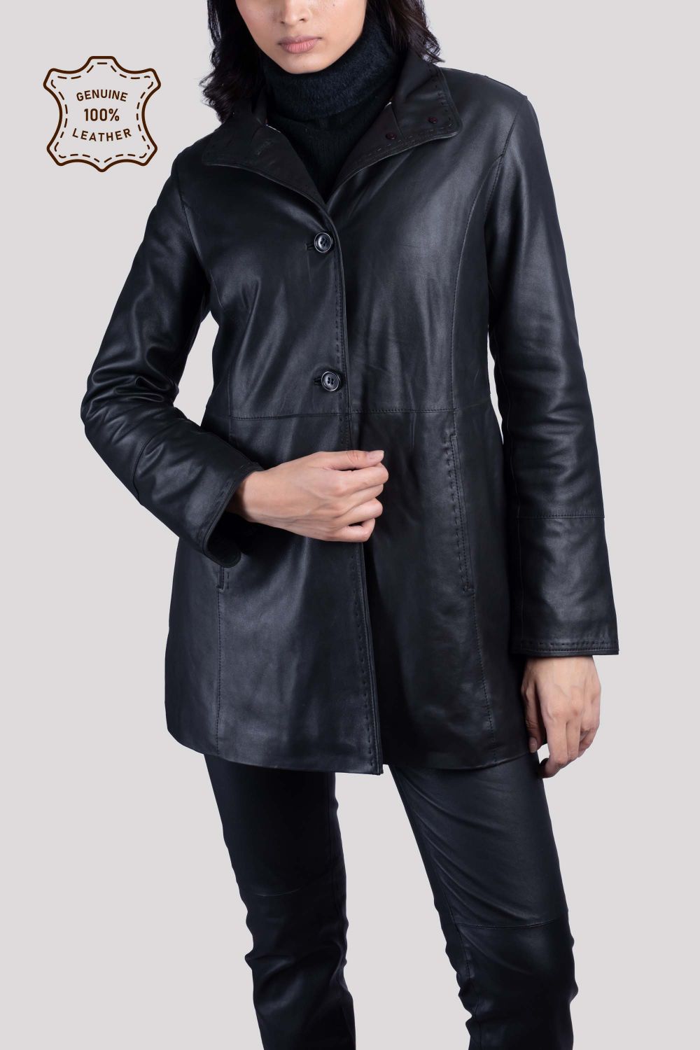 LADIES LEATHER LONG COAT WITH HAND STITCH ON LEATHER
