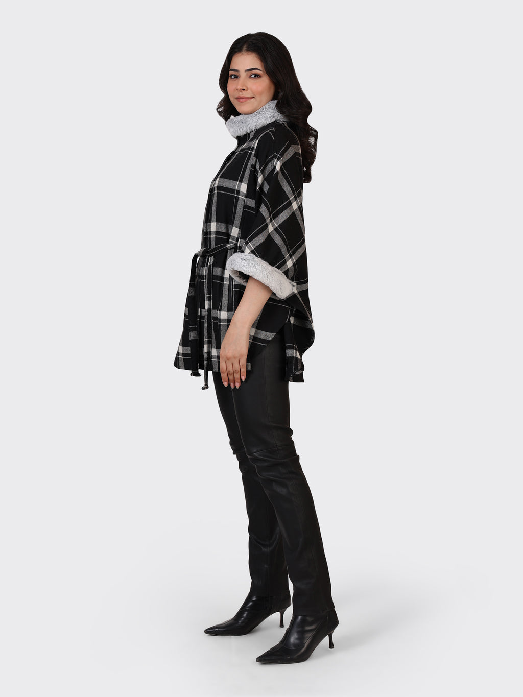 LADIES CAPE WOOLLEN JACKET-CHECK