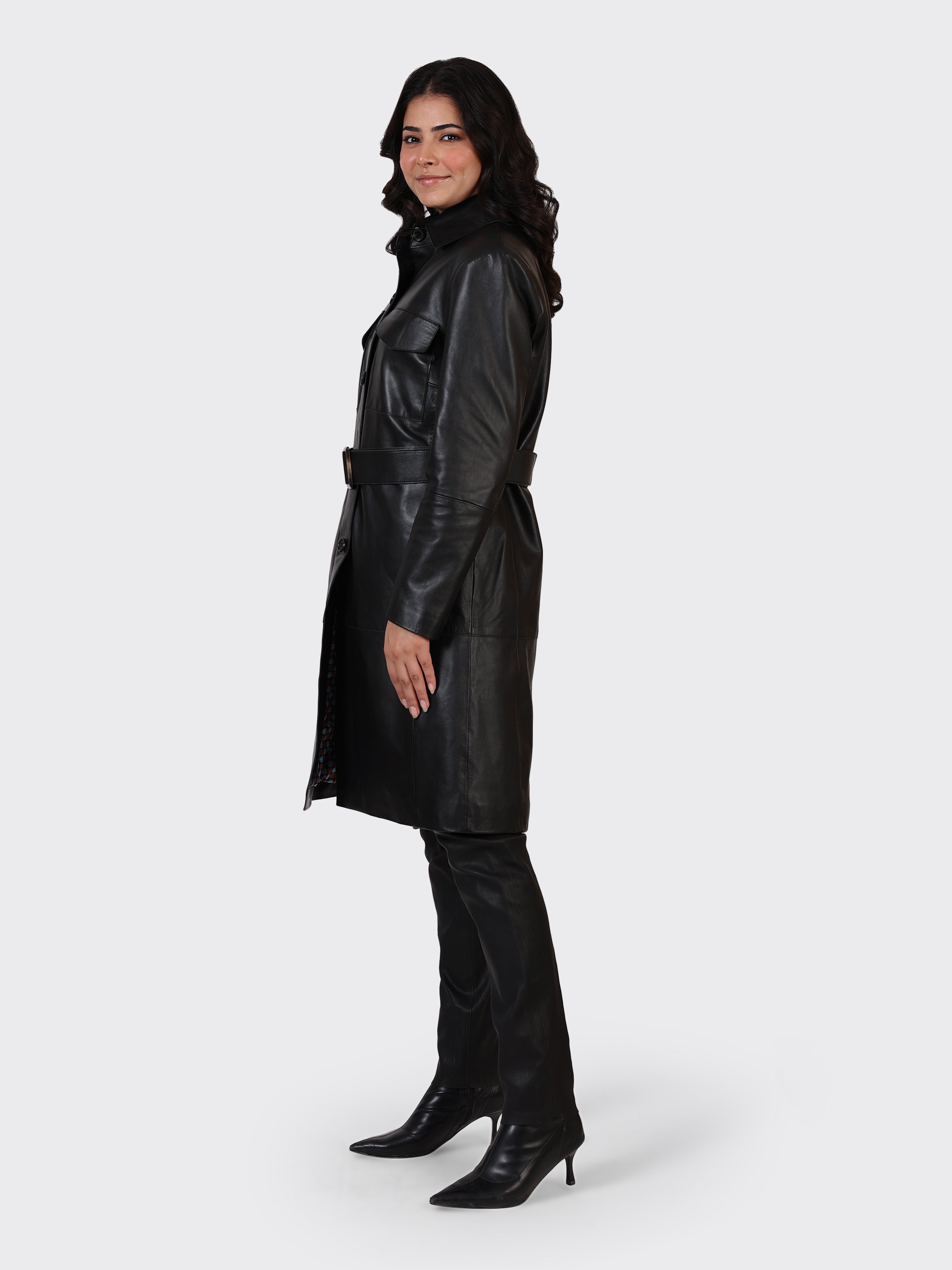 LADIES KNEE-LENGTH LEATHER JACKET-BLACK