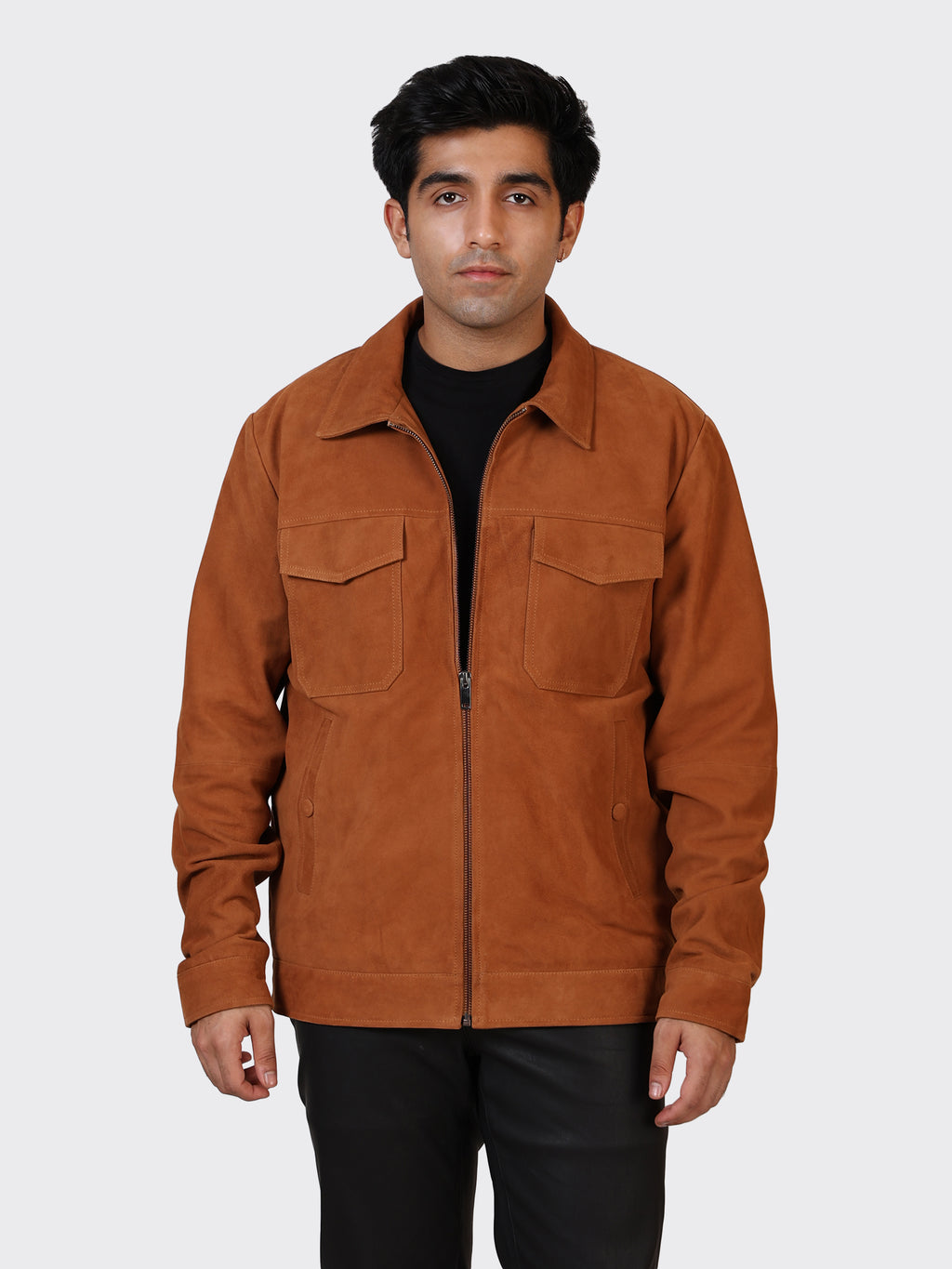 MENS SUEDE LEATHER JACKET-COGNAC