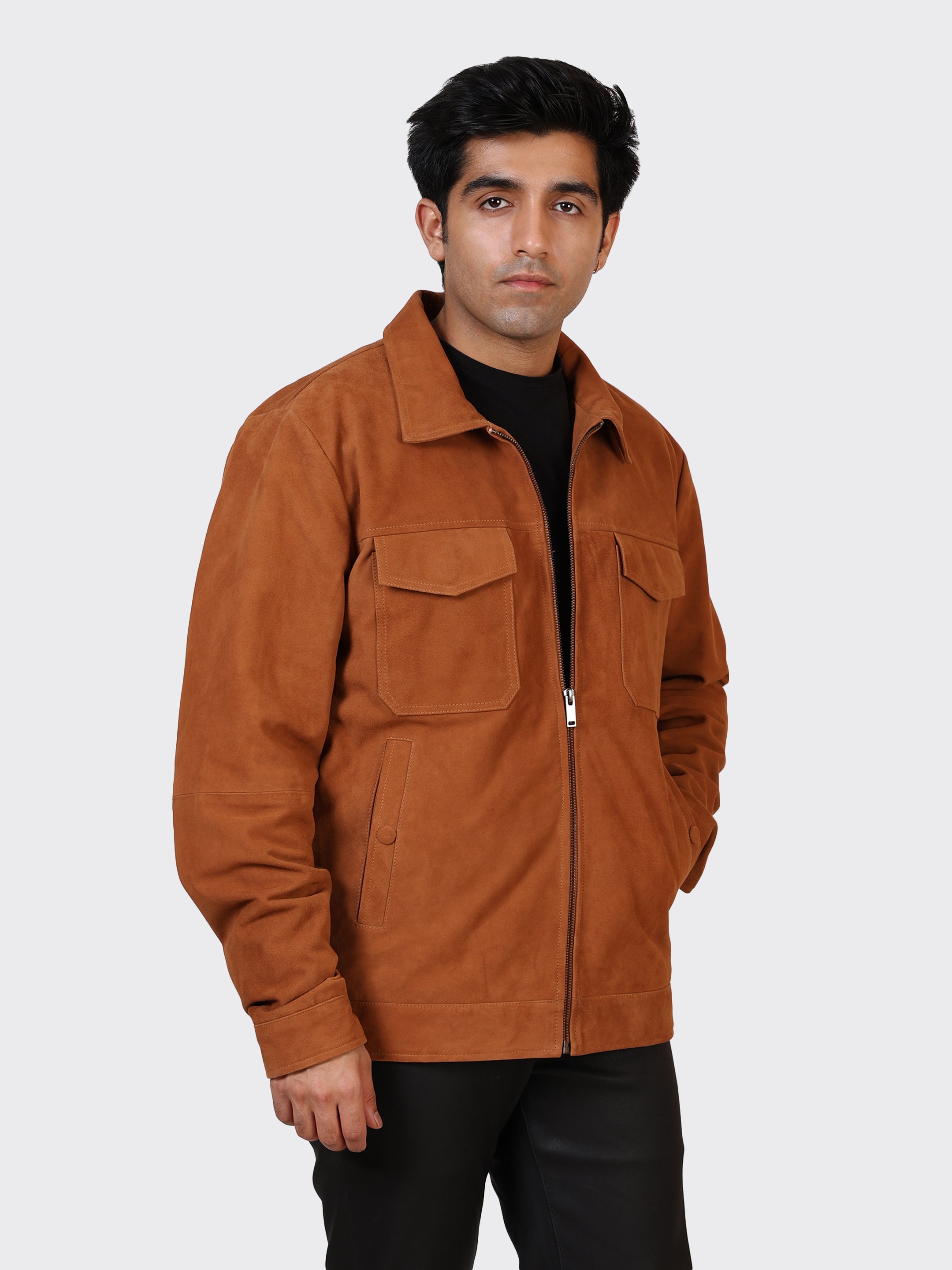 MENS SUEDE LEATHER JACKET-COGNAC